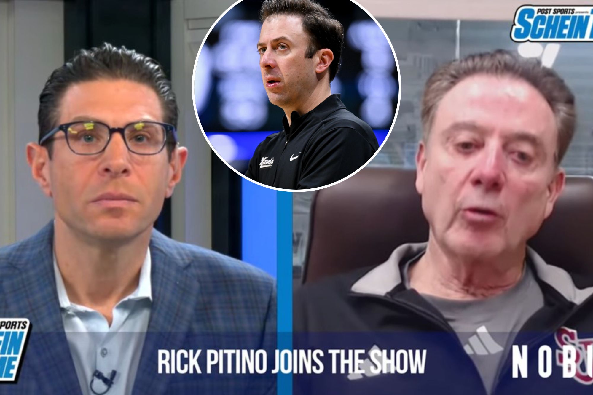 An image collage containing 2 images, Image 1 shows Rick Pitino and Adam Schein on Schein Time, Image 2 shows Xavier head coach Richard Pitino