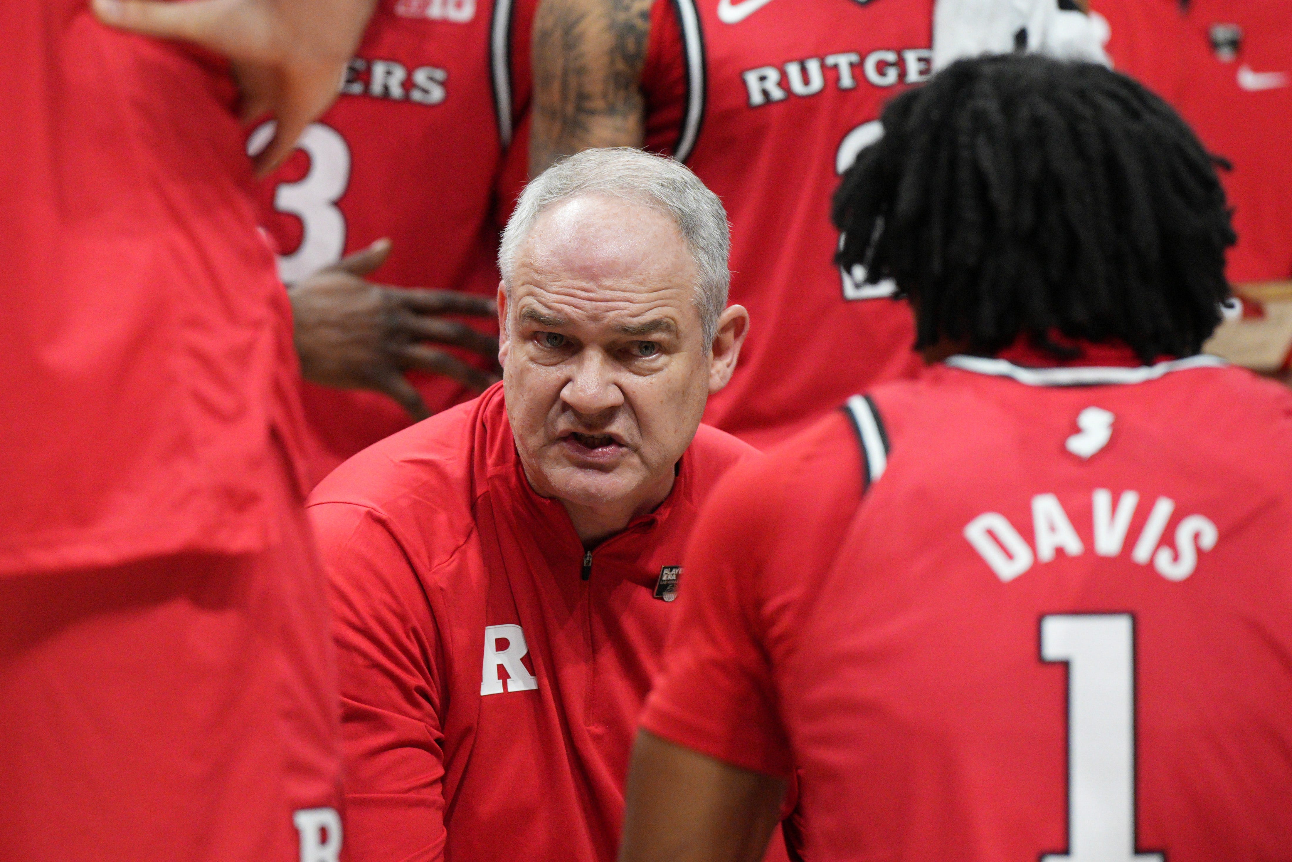 LAS VEGAS, NEVADA - NOVEMBER 24: Head coach Steve Pikiell of the Rutgers Scarlet Knights speaks to players in a timeout against the Tennessee Volunteers in the second half during the Players Era Championship basketball tournament at MGM Grand Garden Arena on November 24, 2025 in Las Vegas, Nevada. The Volunteers defeated the Scarlet Knights 85-60. (Photo by Candice Ward/Getty Images)