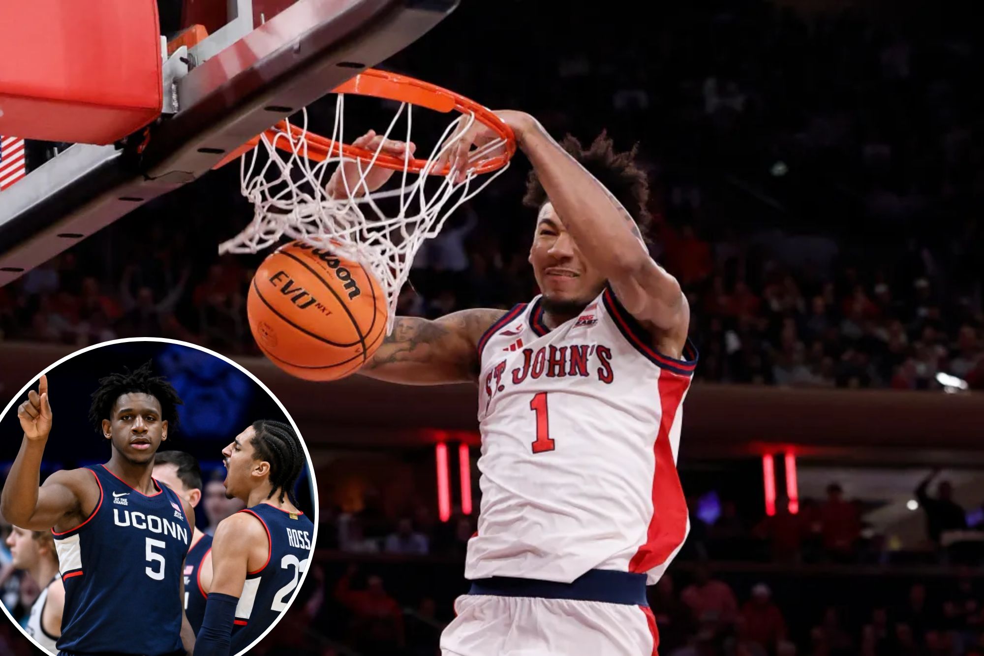 An image collage containing 2 images, Image 1 shows St. John's Red Storm forward Dillon Mitchell (1) dunks the ball, Image 2 shows Tarris Reed Jr. (5) and Jayden Ross (23) of the UConn Huskies celebrate
