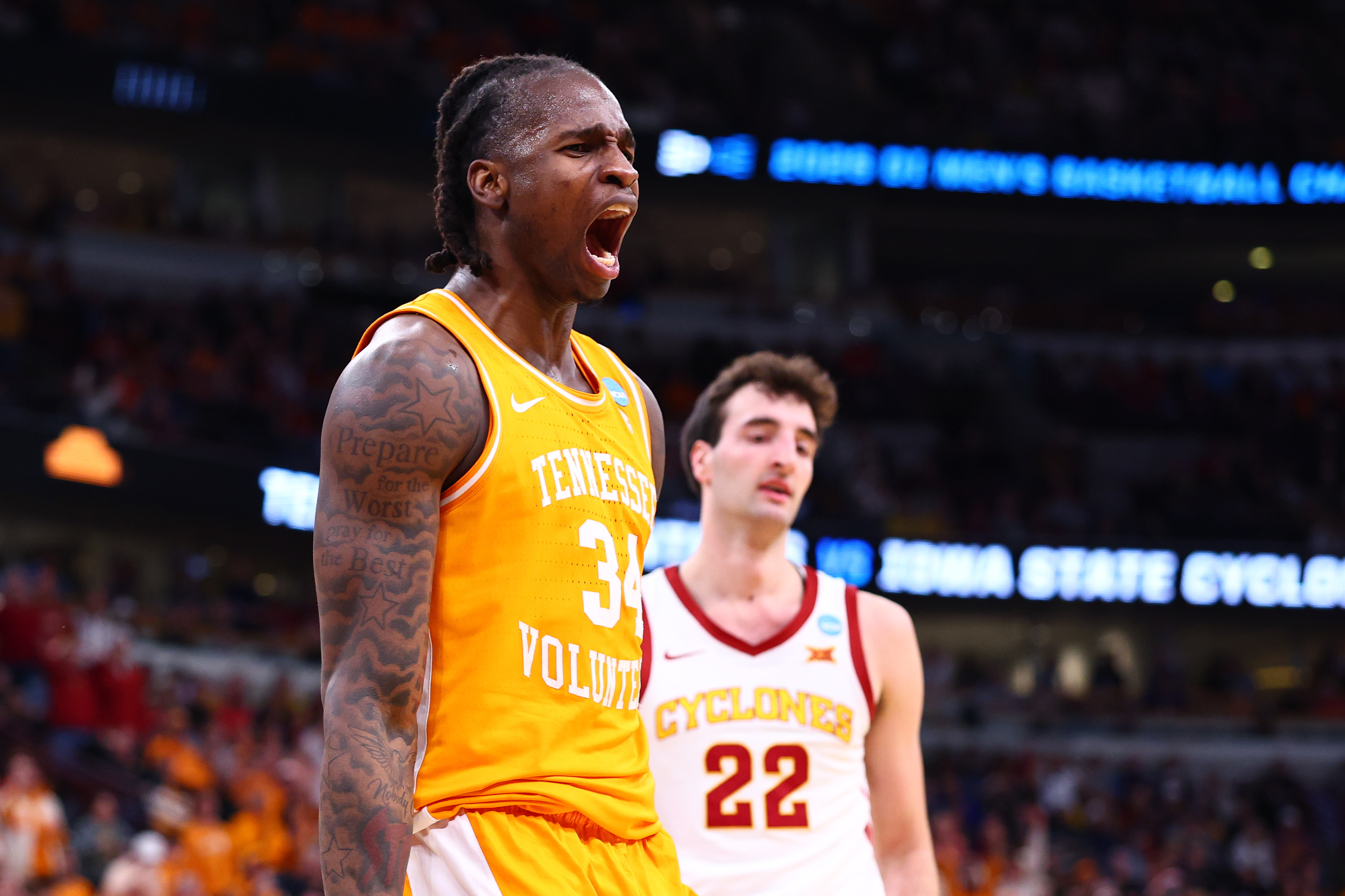 CHICAGO, ILLINOIS - MARCH 27: Felix Okpara #34 of the Tennessee Volunteers celebrates against the Iowa State Cyclones during the first half of the Sweet Sixteen round game of the 2026 NCAA Men's Basketball Tournament held at the United Center on March 27, 2026 in Chicago, Illinois. (Photo by Tyler Schank/NCAA Photos via Getty Images)