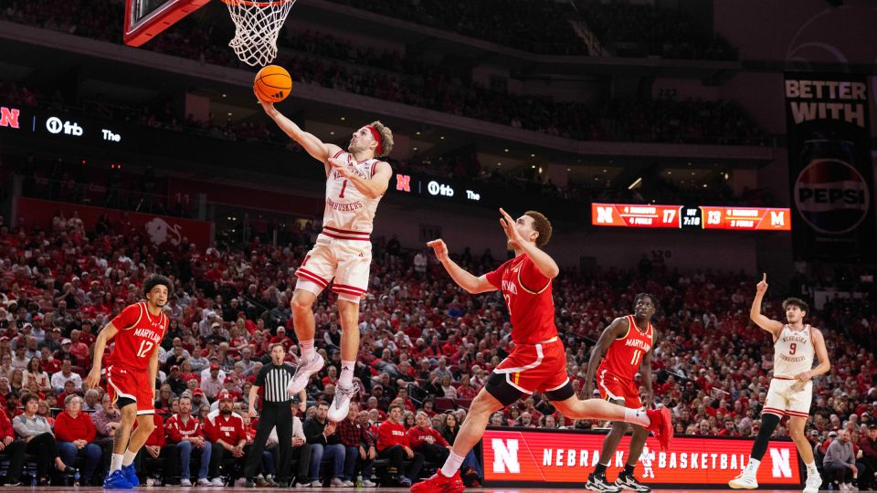 Sam Hoiberg going for a layup against Maryland on February 25 in Lincoln, Nebraska. - Rebecca S. Gratz/AP