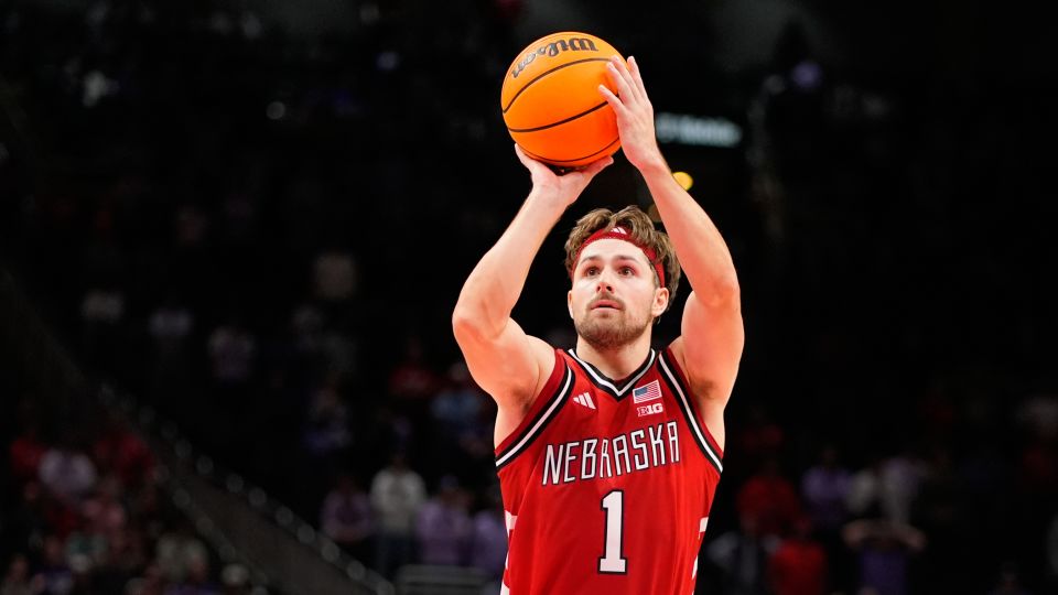 Nebraska guard Sam Hoiberg shoots during the second half against Kansas State on November 21, 2025, in Kansas City, Missouri. - Charlie Riedel/AP