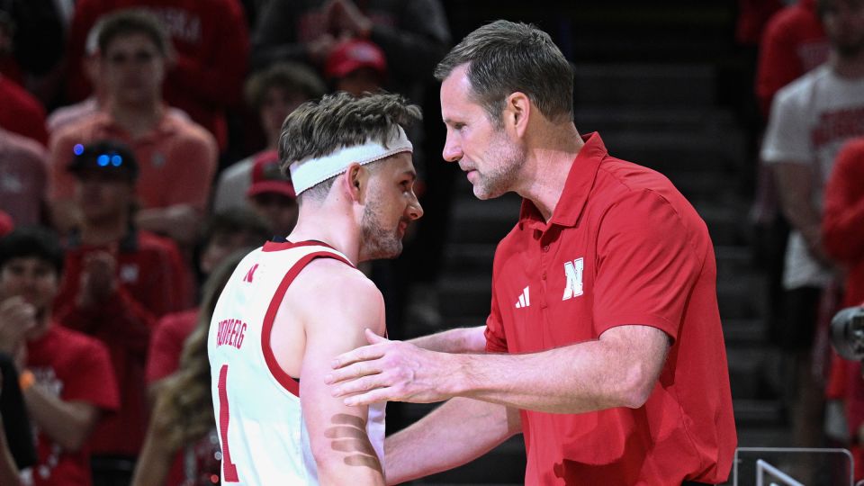 Head coach Fred Hoiberg of the Nebraska Cornhuskers talks to his son Sam Hoiberg during Senior Day activities before the game against the Iowa Hawkeyes at Pinnacle Bank Arena on March 8, in Lincoln, Nebraska. - Steven Branscombe/Getty Images