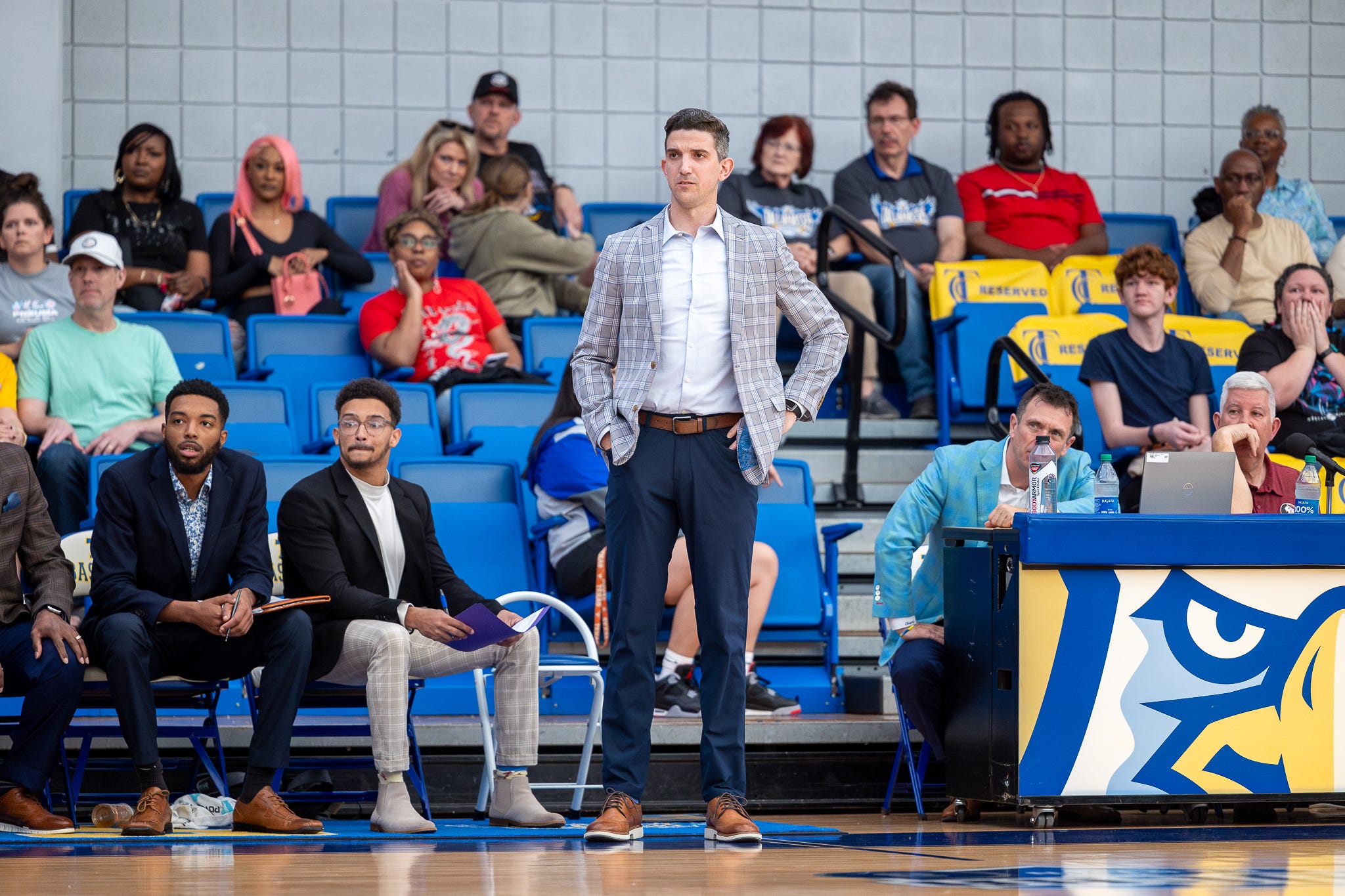Tallahassee Community College head men's basketball coach Corey Hendren watches from the sideline as the Eagles host their homecoming game against the Chipola College Indians at the Bill Hebrock Eagledome in Tallahassee, Florida, Saturday, February 10, 2024.