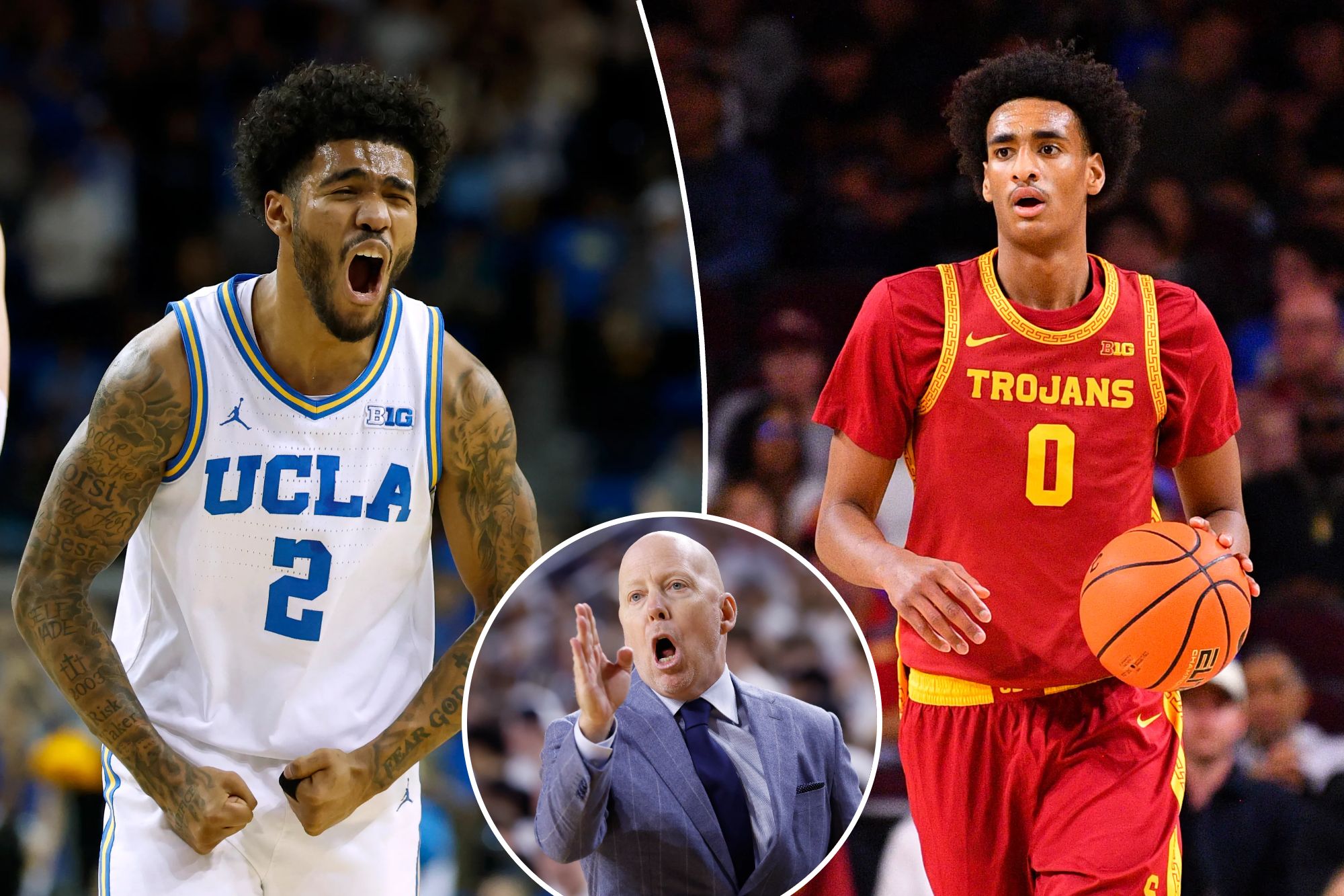 An image collage containing 3 images, Image 1 shows Donovan Dent of the UCLA Bruins celebrating with Tyler Bilodeau in the background, Image 2 shows A basketball player in a red