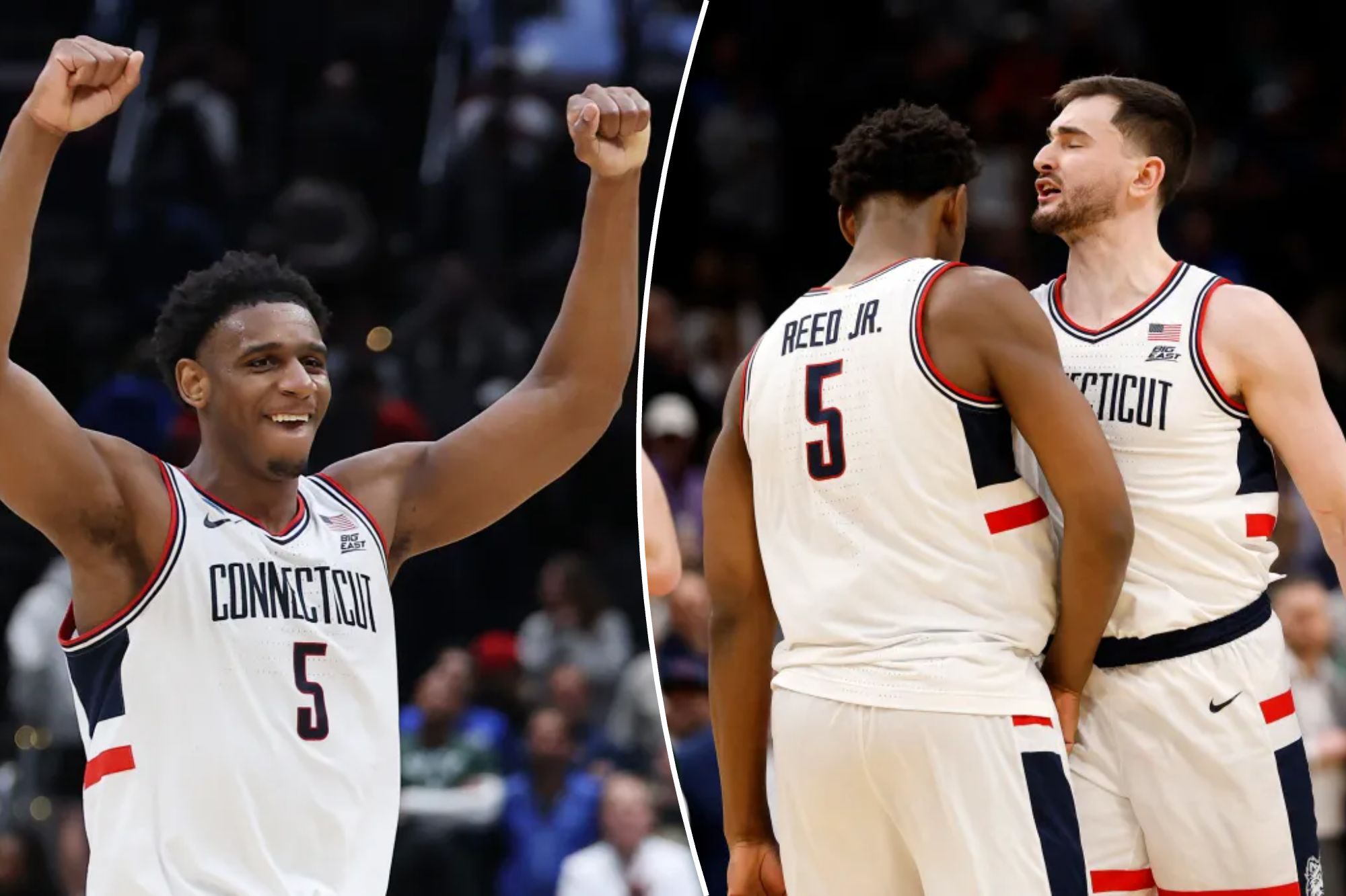An image collage containing 2 images, Image 1 shows Tarris Reed Jr. #5 of the UConn Huskies celebrates after defeating the Michigan State Spartans 67-63 in the Sweet Sixteen of the 2026 NCAA Men's Basketball Tournament at Capital One Arena on March 27, 2026 in Washington, DC, Image 2 shows UConn Huskies forward Alex Karaban (11) and forward Tarris Reed Jr. (5) react after the game in a Sweet Sixteen game of the East Regional of the men's 2026 NCAA Tournament at Capital One Arena