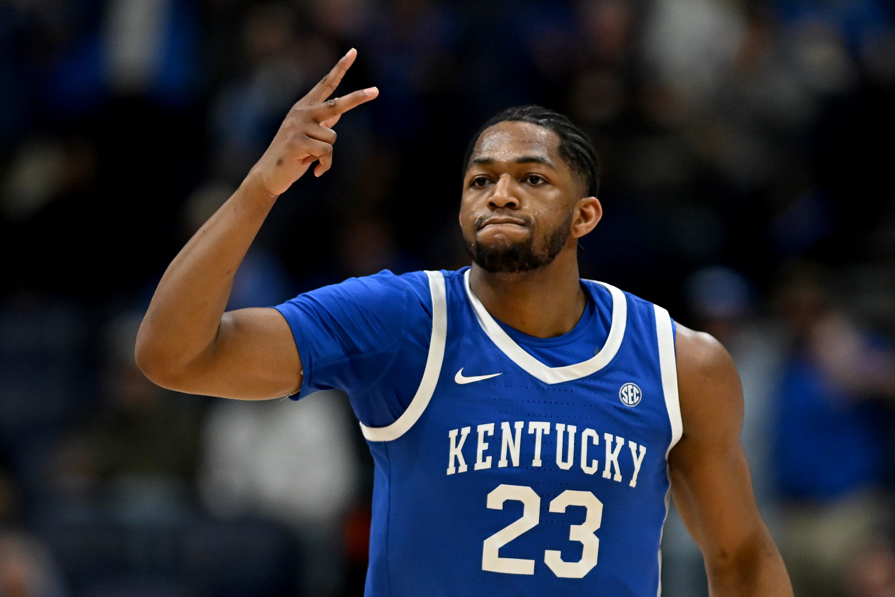 NASHVILLE, TENNESSEE - MARCH 13: Mouhamed Dioubate #23 of the Kentucky Wildcats celebrates after making his second free throw against the Florida Gators during the first half in the quarterfinal game of the 2026 SEC Men's Basketball Tournament at Bridgestone Arena on March 13, 2026 in Nashville, Tennessee. (Photo by Carly Mackler/Getty Images)
