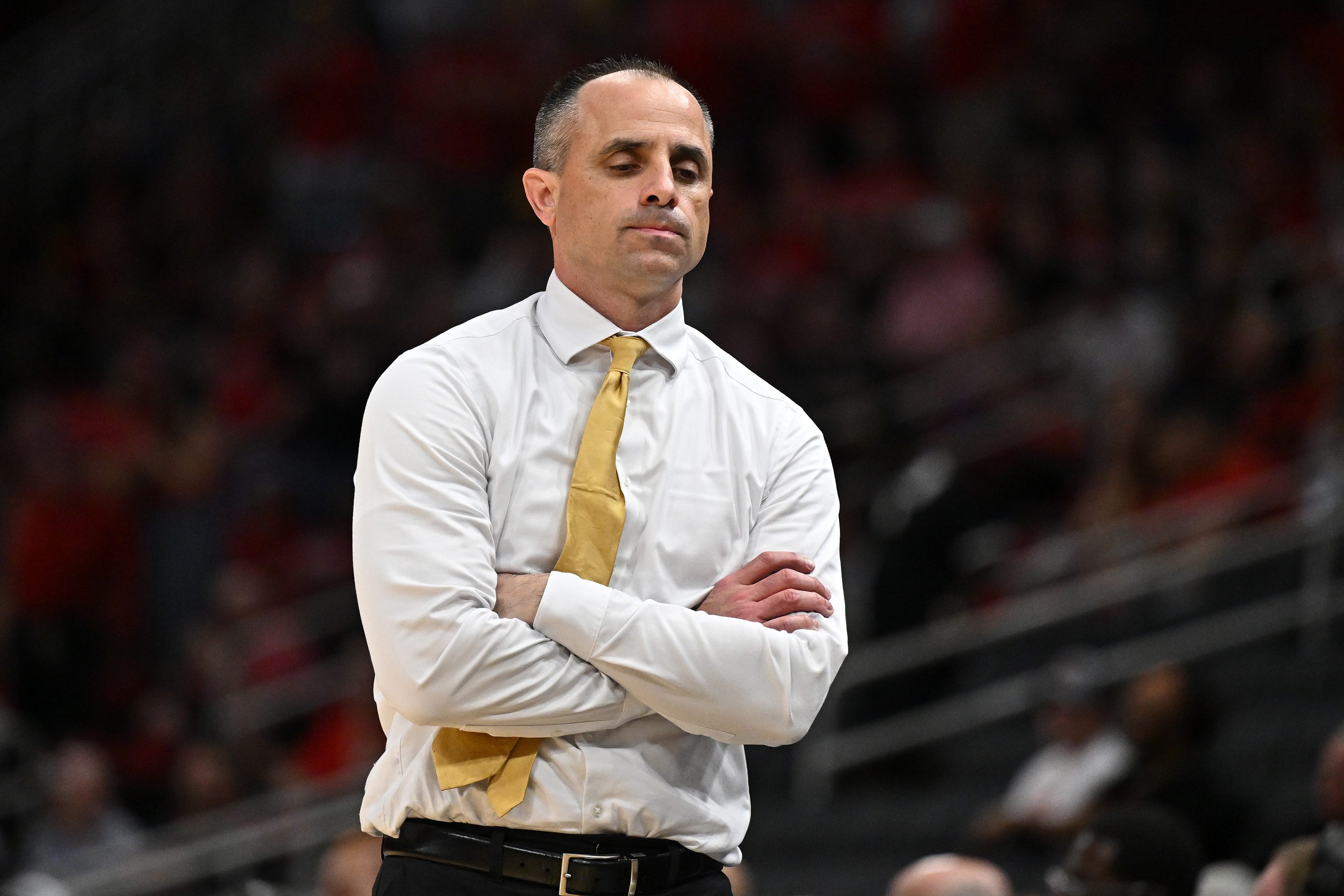 Mar 26, 2026; Houston, TX, USA; Iowa Hawkeyes head coach Ben McCollum reacts in the first half during a Sweet Sixteen game of the South Regional of the men's 2026 NCAA Tournament at Toyota Center. Mandatory Credit: Maria Lysaker-Imagn Images