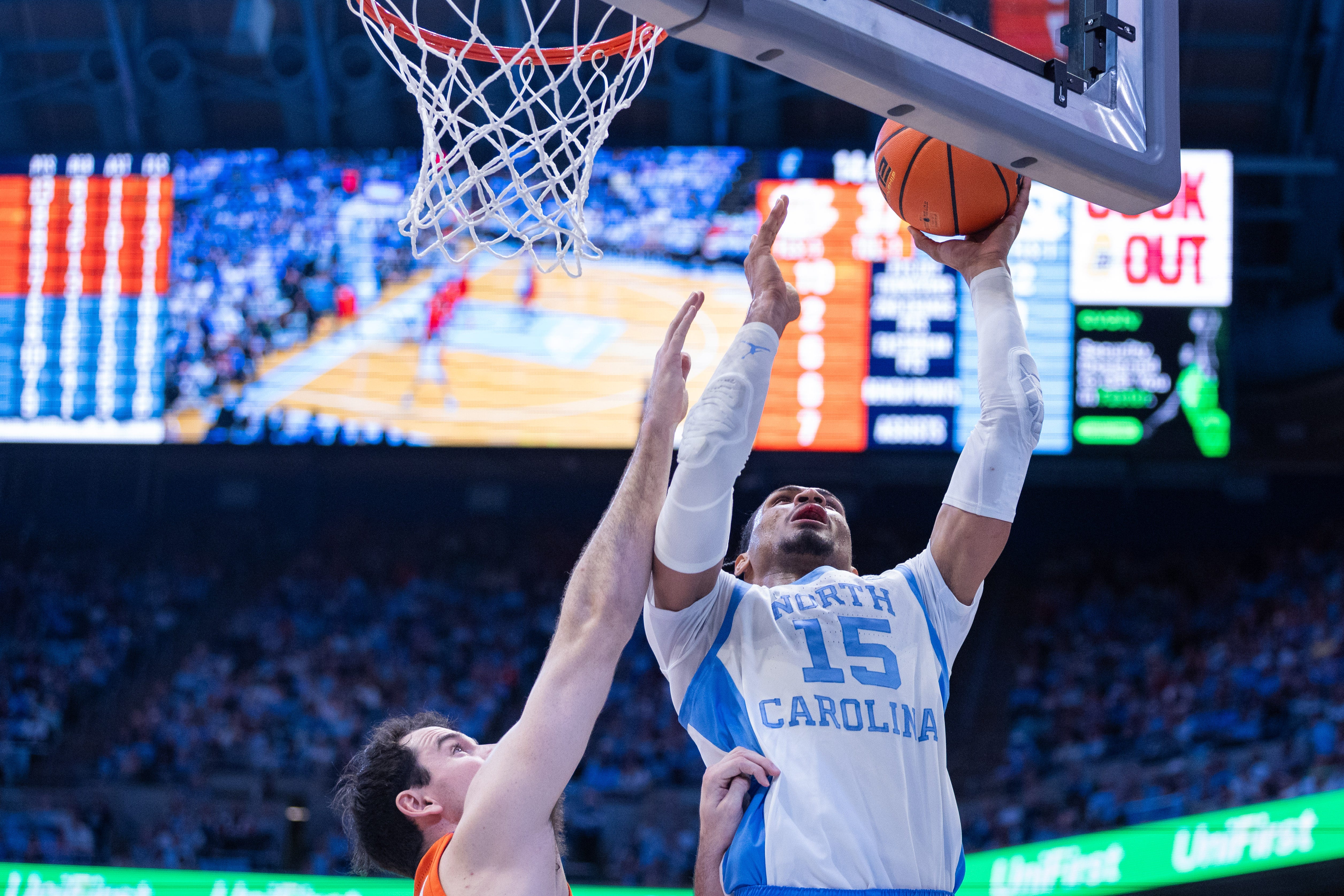 Mar 3, 2026; Chapel Hill, North Carolina, USA; North Carolina Tar Heels forward Jarin Stevenson (15) shoots the ball against the Clemson Tigers during the second half at Dean E. Smith Center. Mandatory Credit: Scott Kinser-Imagn Images