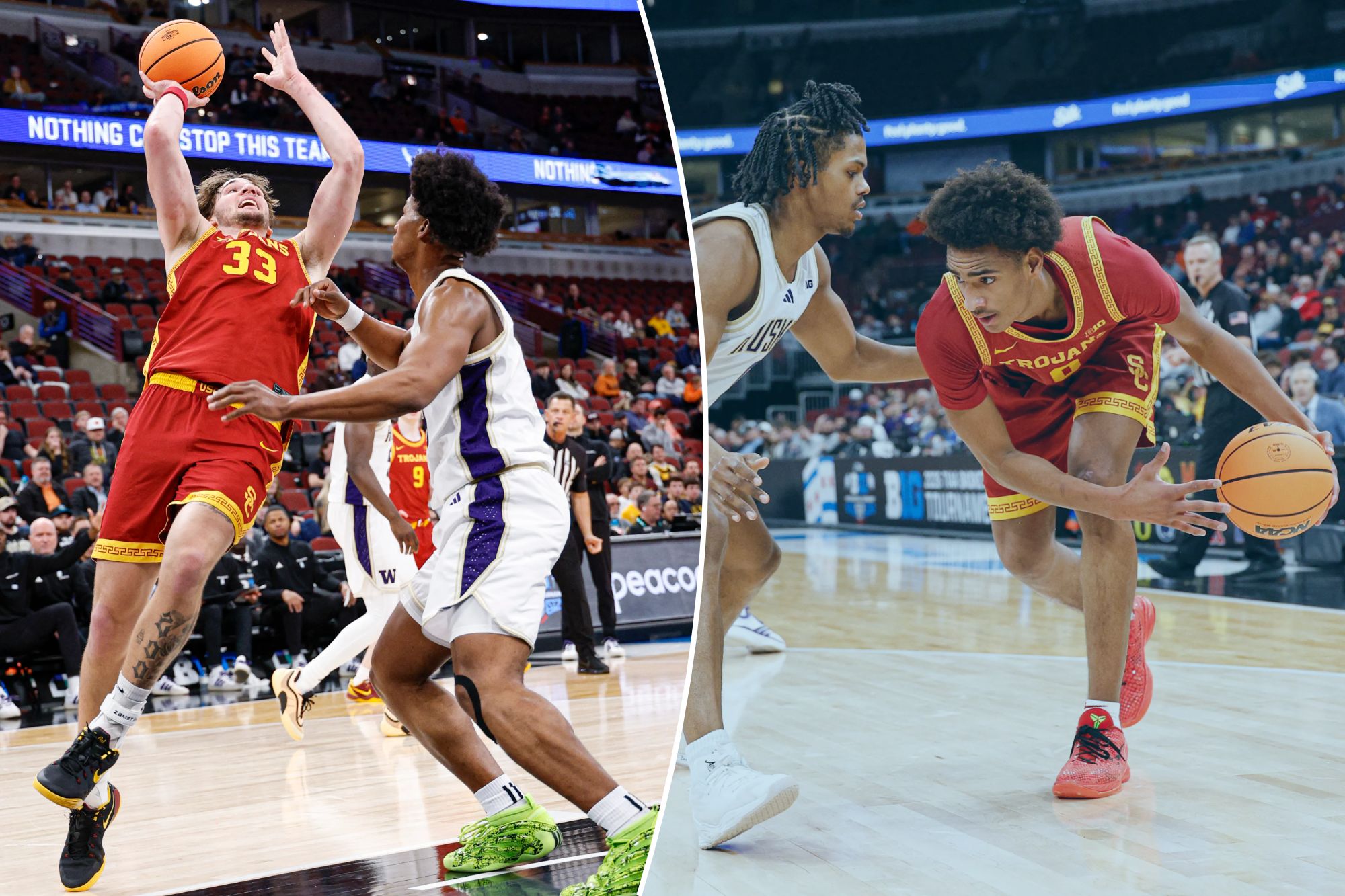 An image collage containing 2 images, Image 1 shows A USC player in a red jersey attempts a shot while a Washington player in a white and purple jersey defends during a basketball game, Image 2 shows A USC player dribbles the basketball while being guarded by a Washington player during an NCAA Tournament game