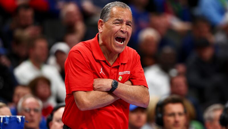 Houston Cougars head coach Kelvin Sampson yells to his players during the first half of the game against BYU during the quarterfinal of the 2026 Phillips 66 Big 12 Men's Basketball Tournament at the T-Mobile Center in Kansas City, Missouri, on Thursday, March 12, 2026.