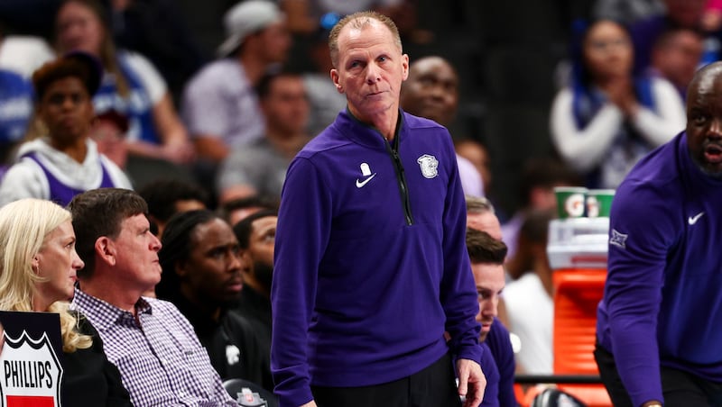 Kansas State Wildcats head coach Matthew Driscoll looks on during the first half of the game against BYU during the 2026 Phillips 66 Big 12 Men's Basketball Tournament at the T-Mobile Center in Kansas City, Missouri, on Tuesday, March 10, 2026.