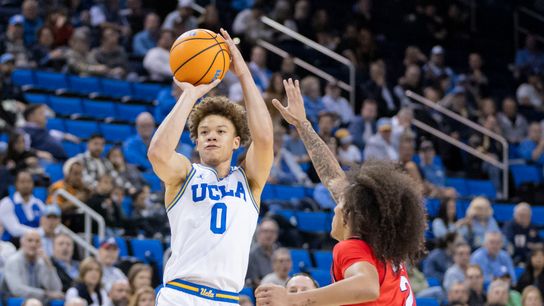Trent Perry #0 of the UCLA Bruins shoots the ball during an NCAA basketball game against the Rutgers Scarlet Knights, Tuesday February 3, 2026 in Los Angeles, Calif.