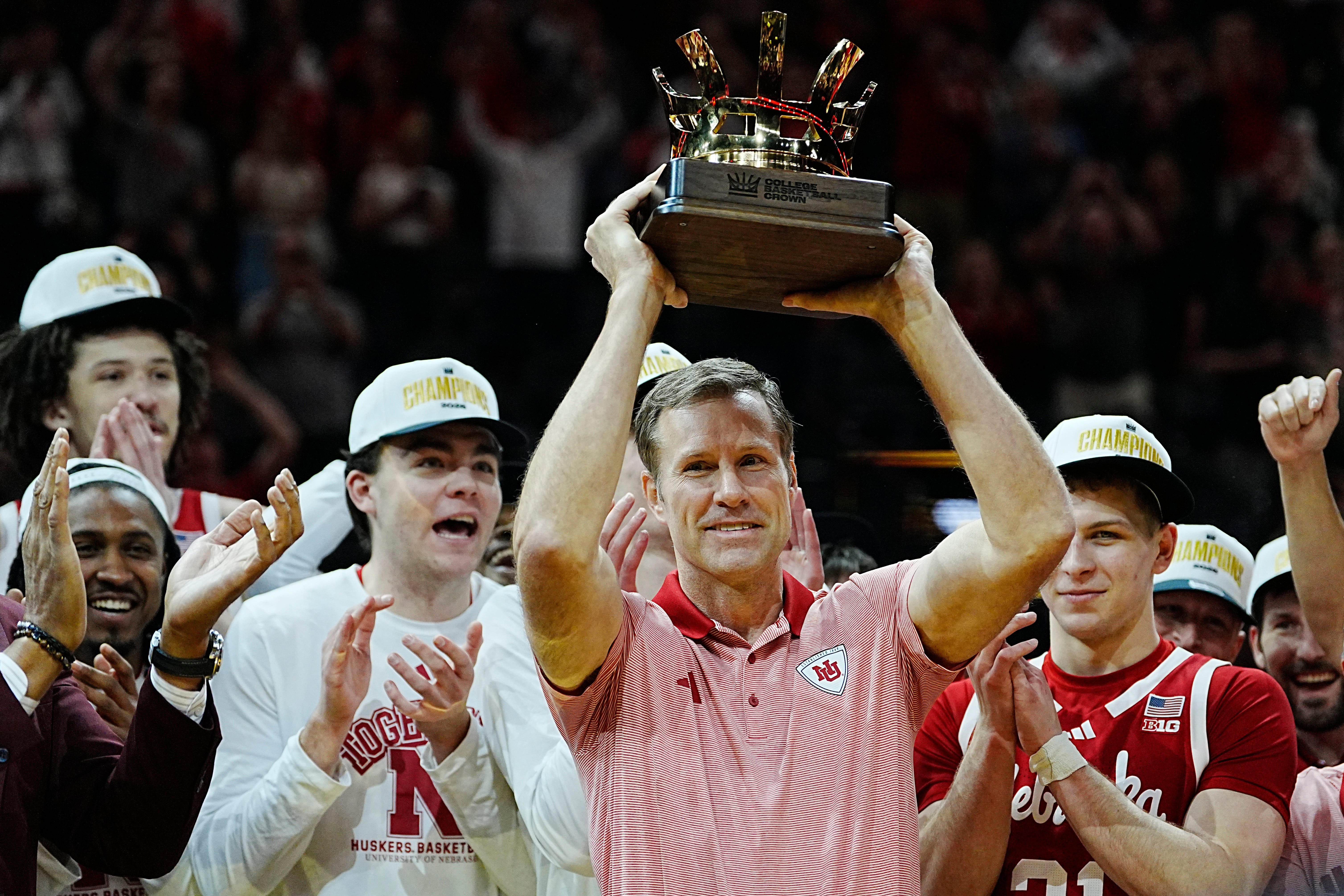 Nebraska coach Fred Hoiberg hoists the Crown Championship trophy following the championship game of the College Basketball Crown tournament between the Nebraska Cornhuskers and the UCF Knights T-Mobile Arena on April 06, 2025 in Las Vegas, Nevada.