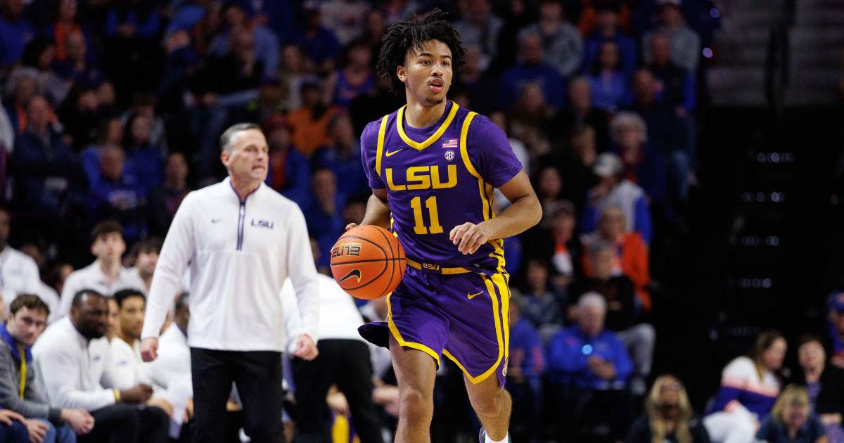 Jan 20, 2026; Gainesville, Florida, USA; Louisiana State Tigers guard Dedan Thomas Jr. (11) dribbles the ball against the Florida Gators during the first half at Exactech Arena at the Stephen C. O'Connell Center. Mandatory Credit: Matt Pendleton-Imagn Images
