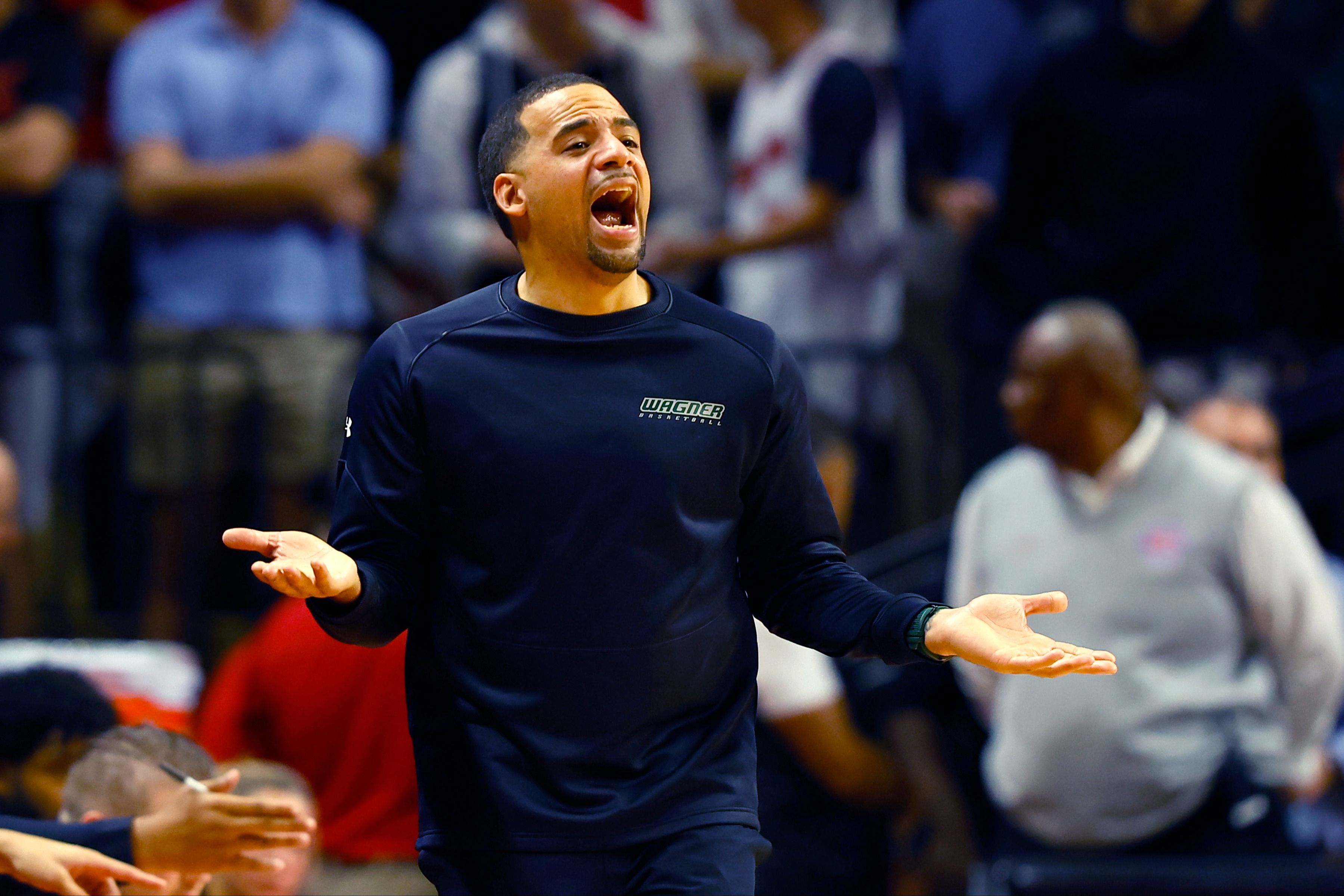 Wagner head coach Donald Copeland reacting during the game against Rutgers.