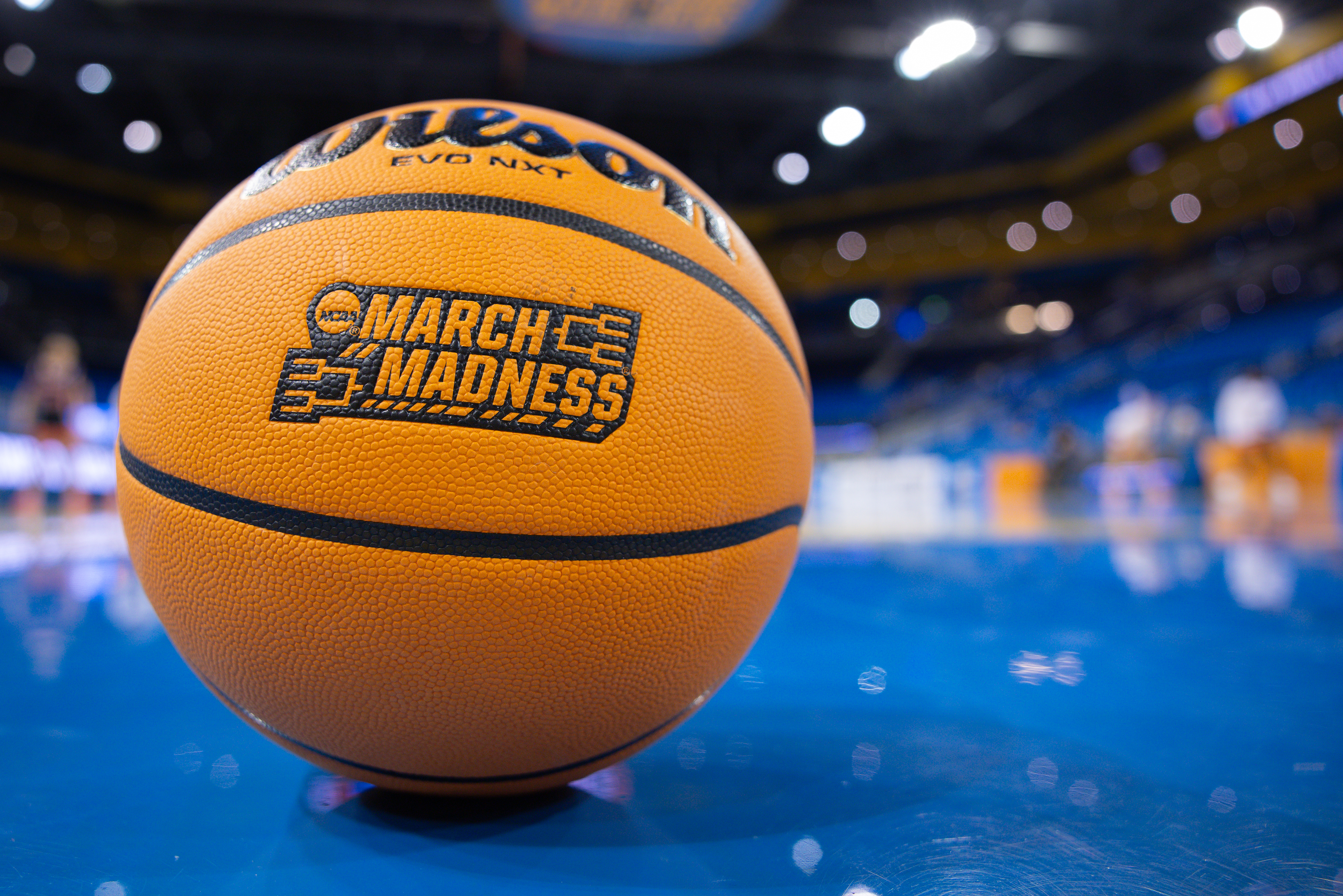 LOS ANGELES, CA - MARCH 21: A basketball with the March Madness logo sits on the court prior to the Oklahoma State Cowboys versus the Princeton Tigers NCAA Women's Championship first round game on March 21, 2026, at Pauley Pavilion in Los Angeles, California. 