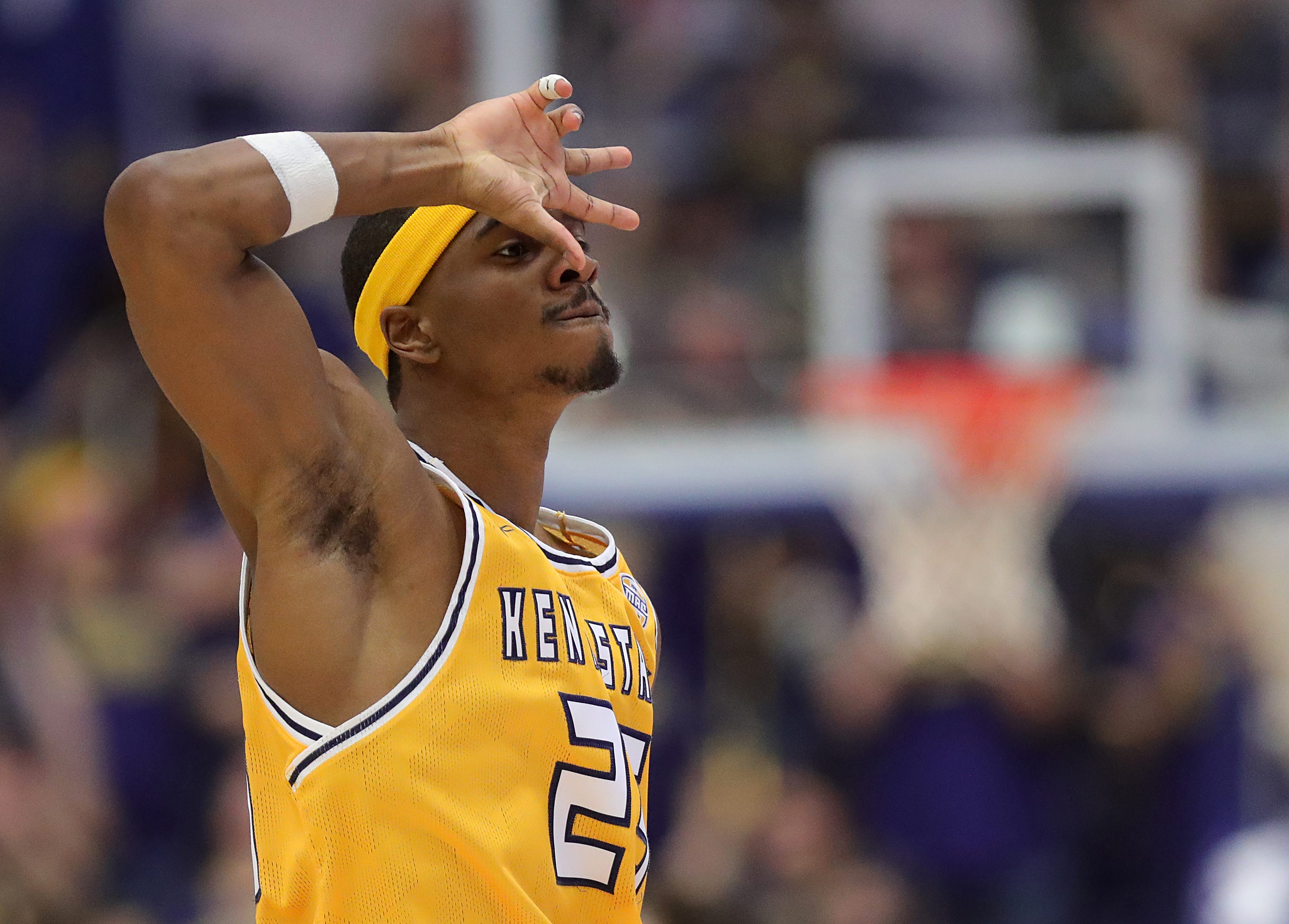 Kent State Golden Flashes guard Jahari Williamson celebrates after making a 3-pointer during a game against the Akron Zips on Feb. 27, 2026, in Kent.