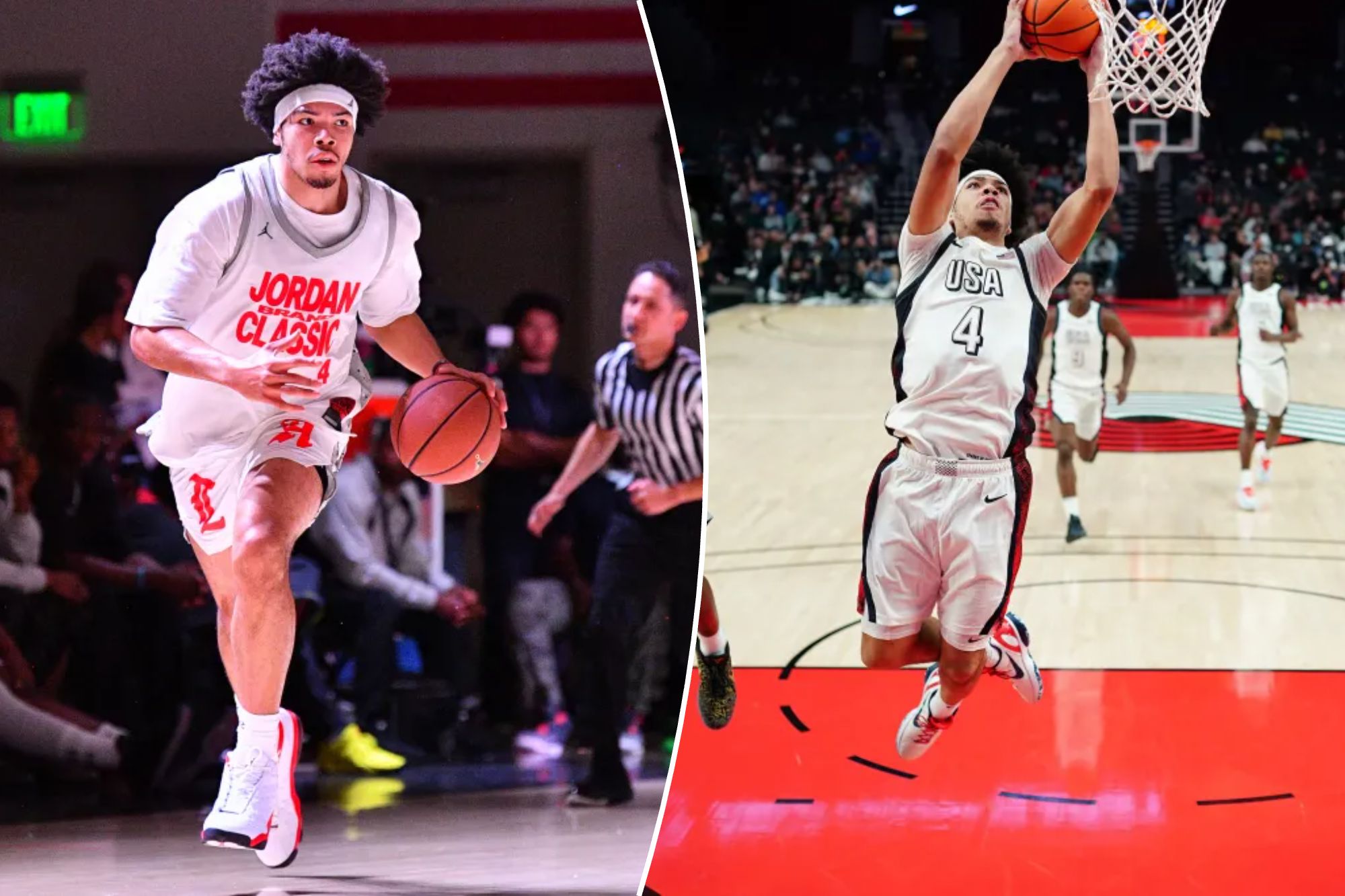 An image collage containing 2 images, Image 1 shows Tyran Stokes from Rainier Beach High School (WA) dribbles up the court during the Jordan Brand Classic high school basketball all-star game on April 17, 2026 at El Camino College in Torrance, CA, Image 2 shows Tyran Stokes #4 of the Team USA attempts a dunk past Ikenna Alozie #1 of the Team World during the second half at Moda Center on April 11, 2026 in Portland, Oregon