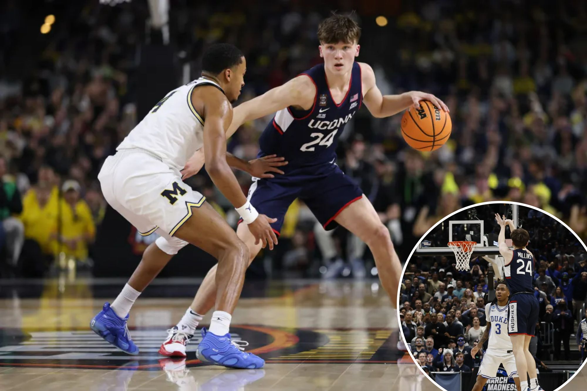 An image collage containing 2 images, Image 1 shows Braylon Mullins #24 of the UConn Huskies is defended by Nimari Burnett #4 of the Michigan Wolverines during the second half of a game in the National Championship of the 2026 NCAA Men's Basketball Tournament at Lucas Oil Stadium on April 06, 2026 in Indianapolis, Indiana. , Image 2 shows Braylon Mullins hits the game-winning, buzzer-beating 3-pointer in UConn's comeback win over Duke in the Elite Eight