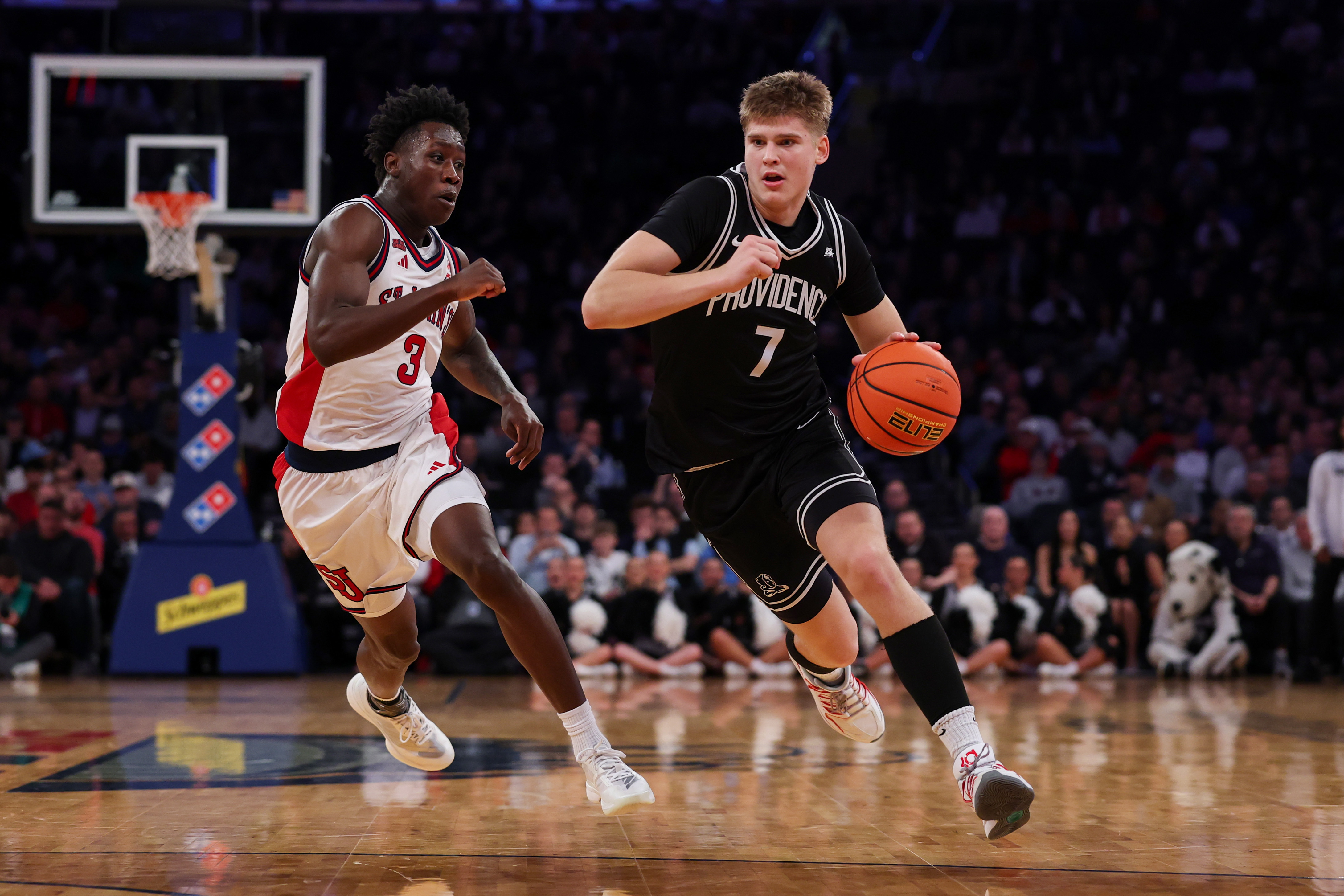 NEW YORK, NEW YORK - MARCH 12: Stefan Vaaks #7 of the Providence Friars in action against Joson Sanon #3 of the St. John's Red Storm during the 2026 Big East Men's Tournament - Quarterfinal game at Madison Square Garden on March 12, 2026 in New York City. (Photo by Ishika Samant/Getty Images)