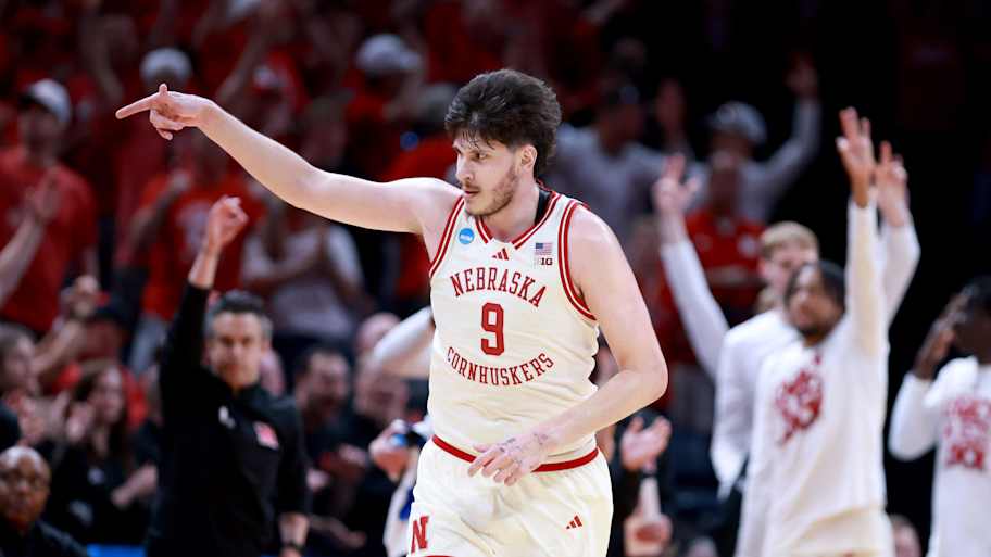 Nebraska's Berke Buyuktuncel (9) reacts after a 3-point basket during a second-round game in the NCAA men's basketball tourna