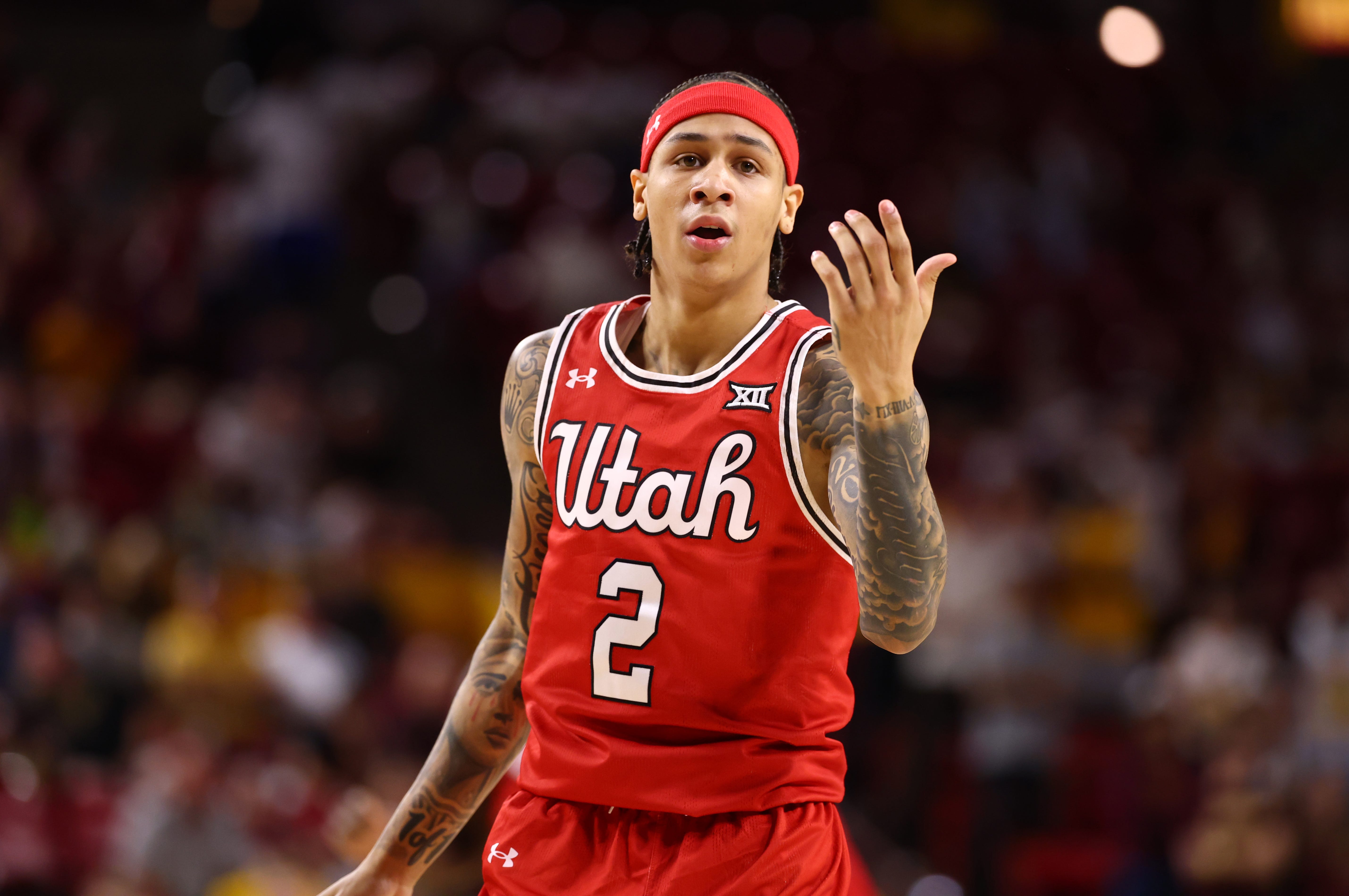 Feb 28, 2026; Tempe, Arizona, USA; Utah Utes guard Terrence Brown (2) against the Arizona State Sun Devils at Desert Financial Arena. Mandatory Credit: Mark J. Rebilas-Imagn Images