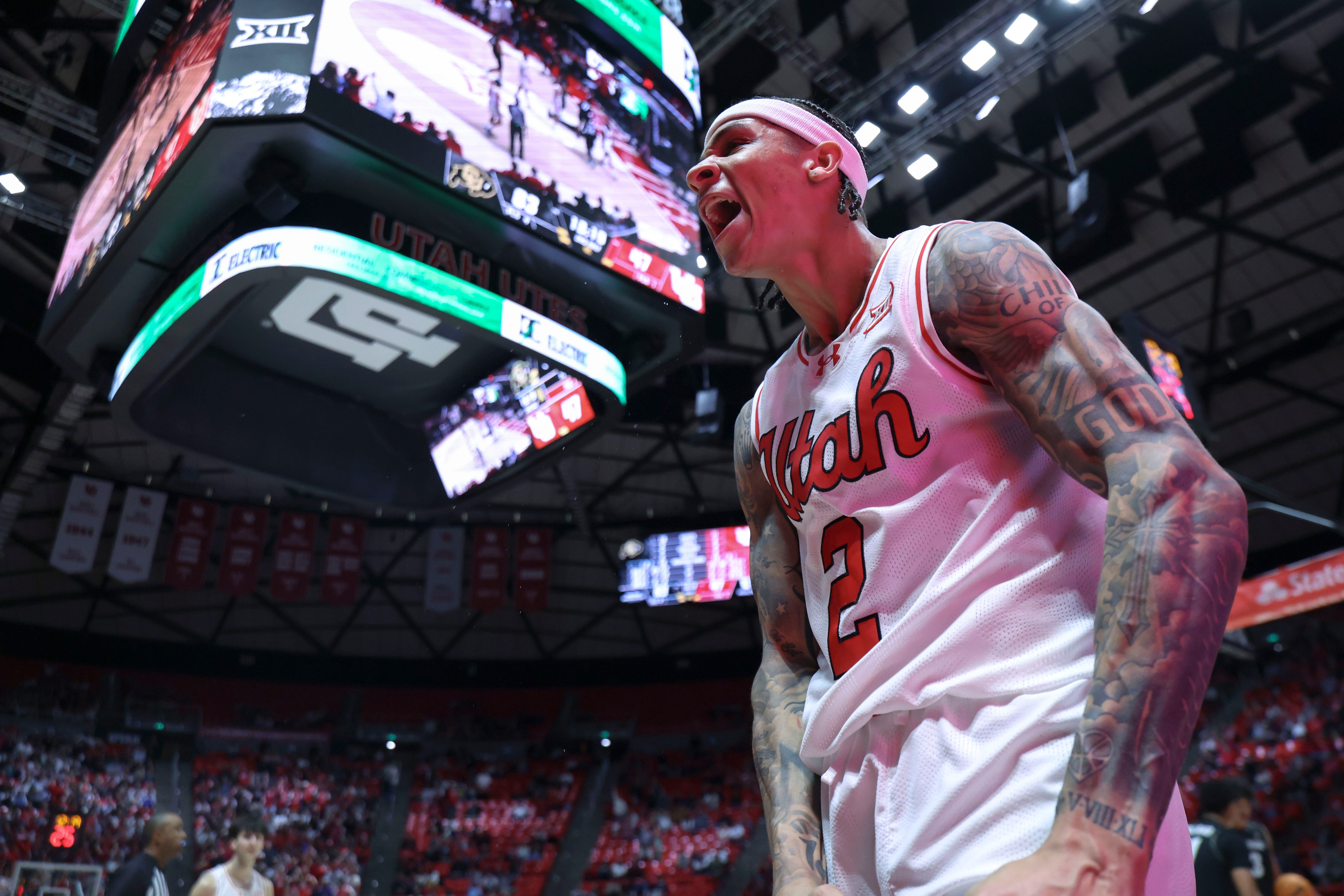 Mar 3, 2026; Salt Lake City, Utah, USA; Utah Utes guard Terrence Brown (2) reacts after making a shot and being fouled by the Colorado Buffaloes during the second half at Jon M. Huntsman Center. Mandatory Credit: Rob Gray-Imagn Images