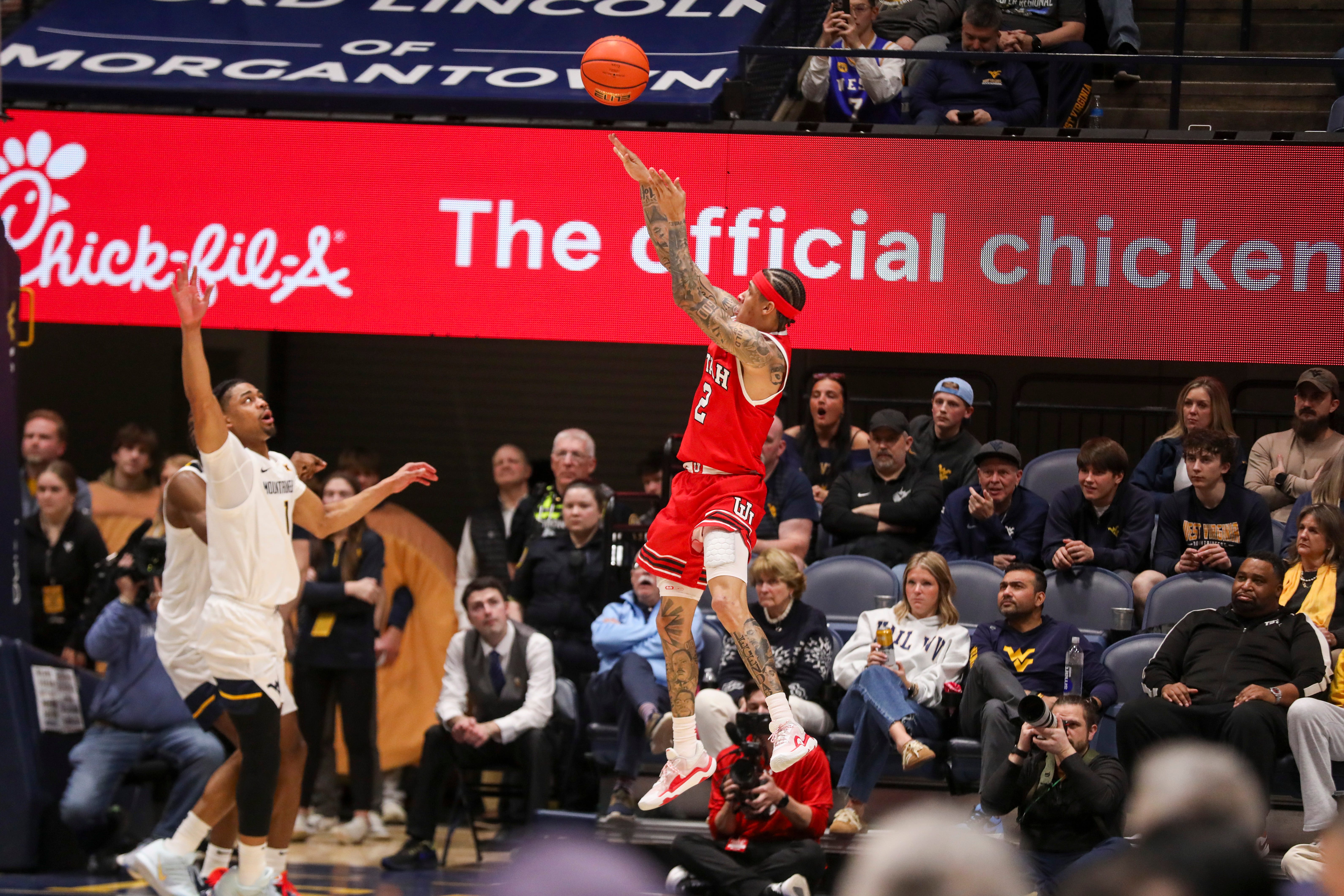Feb 18, 2026; Morgantown, West Virginia, USA; Utah Utes guard Terrence Brown (2) shoots a jumper during the second half against the West Virginia Mountaineers at Hope Coliseum. Mandatory Credit: Ben Queen-Imagn Images