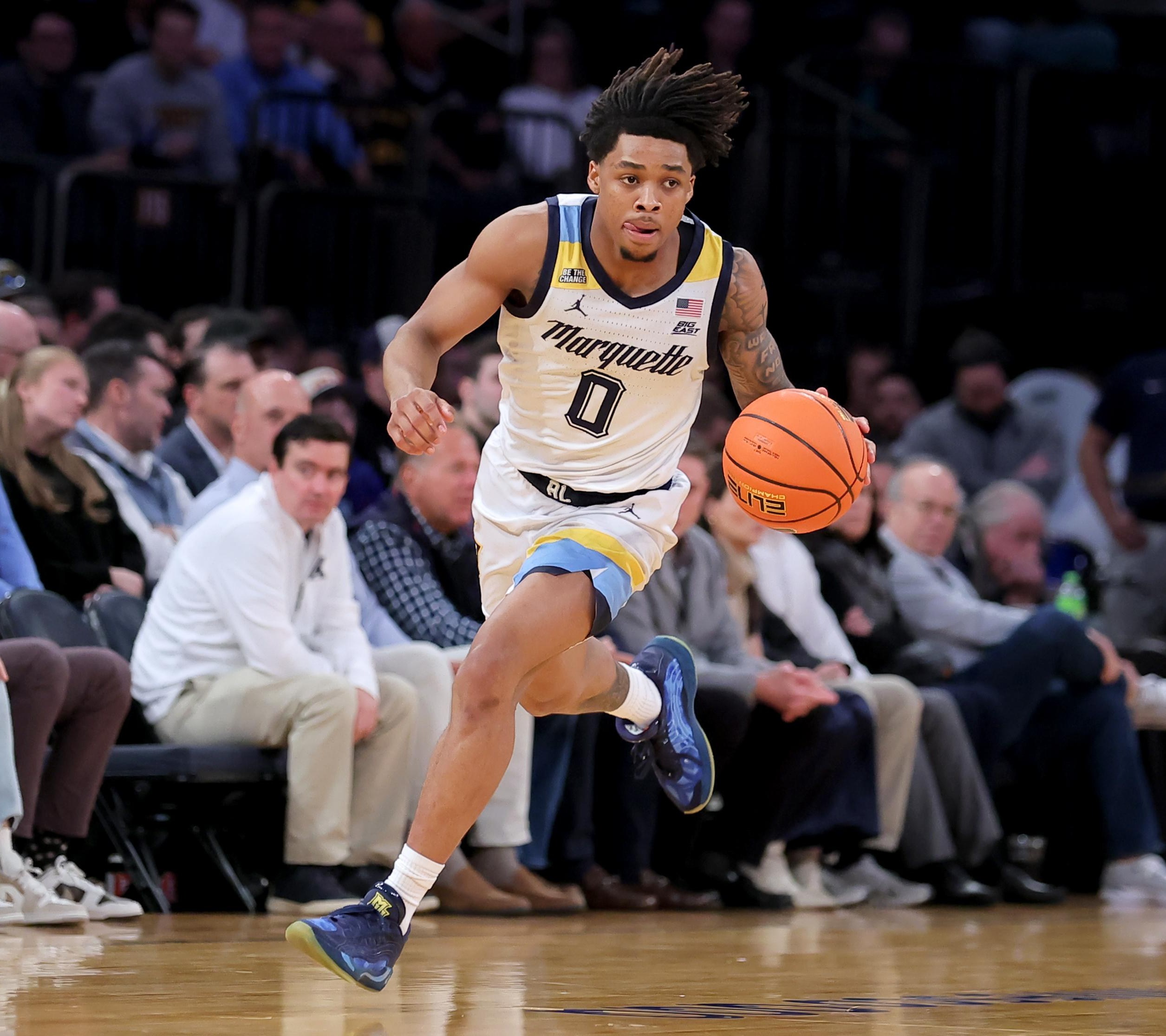Mar 11, 2026; New York, NY, USA; Marquette Golden Eagles guard Nigel James Jr. (0) brings the ball up court against Xavier Musketeers during the second half at Madison Square Garden. 