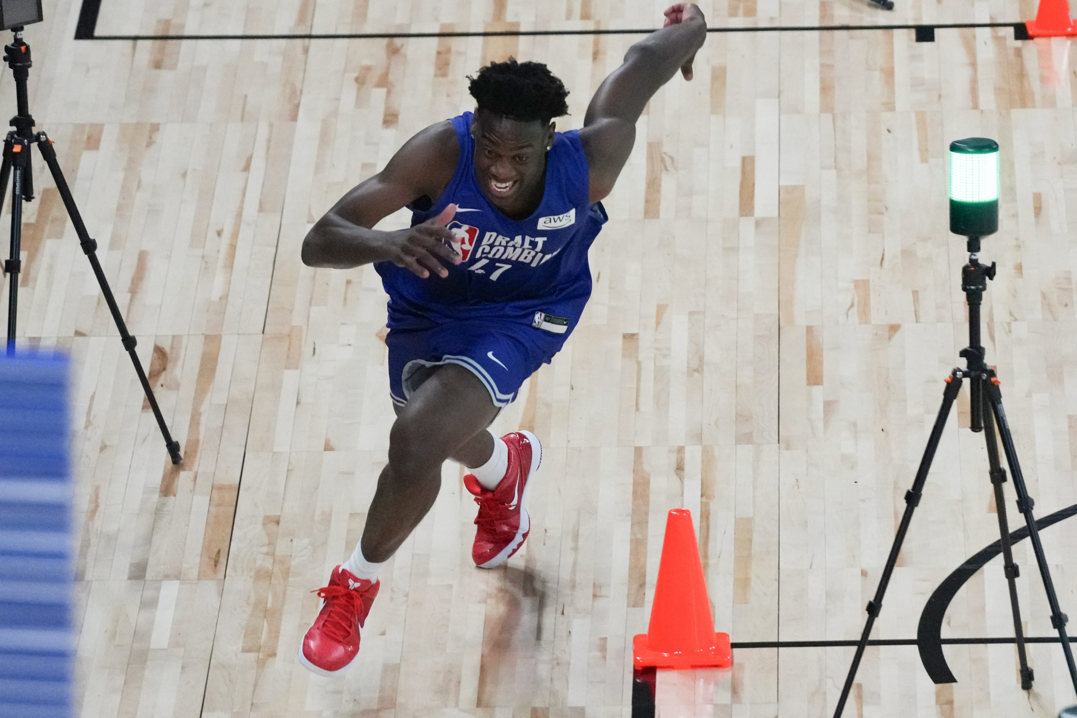 AJ Dybantsa participates in the 2026 NBA Draft Combine at Wintrust Arena.