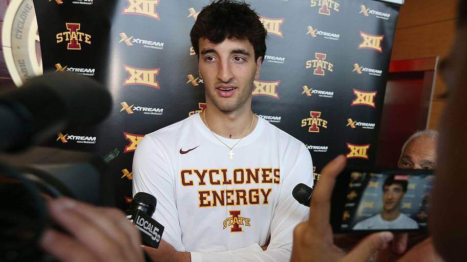 Iowa State forward Milan Momcilovic talks to media during an interview at Iowa State's Sukup Basketball complex.