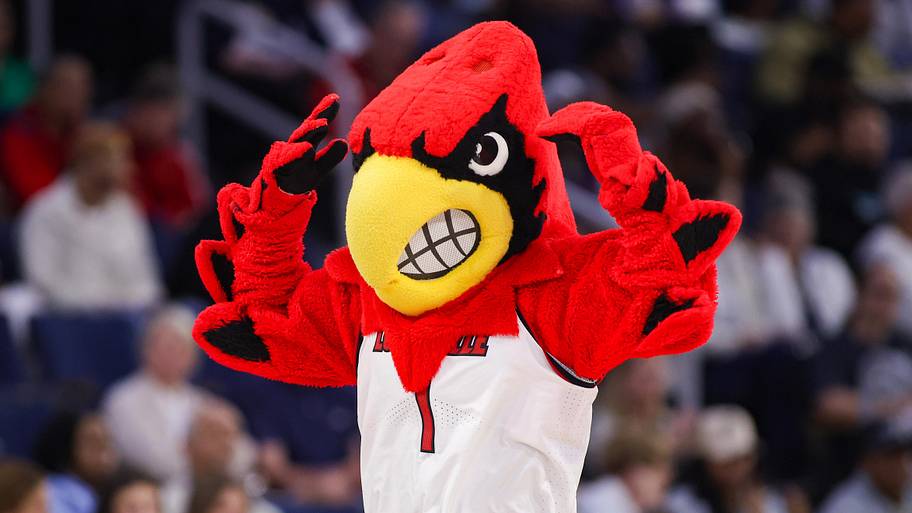Mar 7, 2026; Duluth, GA, USA; Louisville Cardinals mascot Louie on the court against the North Carolina Tar Heels in the seco