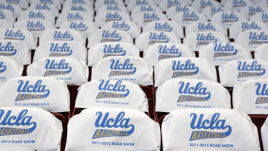 ; General view of seat cushions at the the Sports Arena with the words: UCLA Basketball