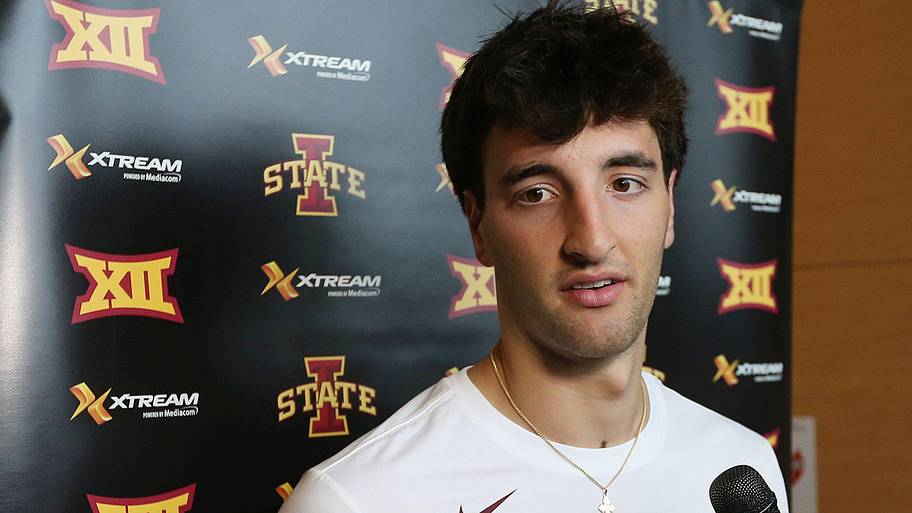 Iowa State forward Milan Momcilovic talks to media during an interview.