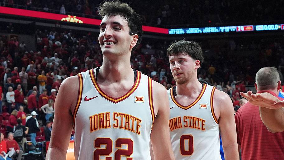 Iowa State Cyclones forward Milan Momcilovic (22) celebrates after winning 74-56 over Kansas.