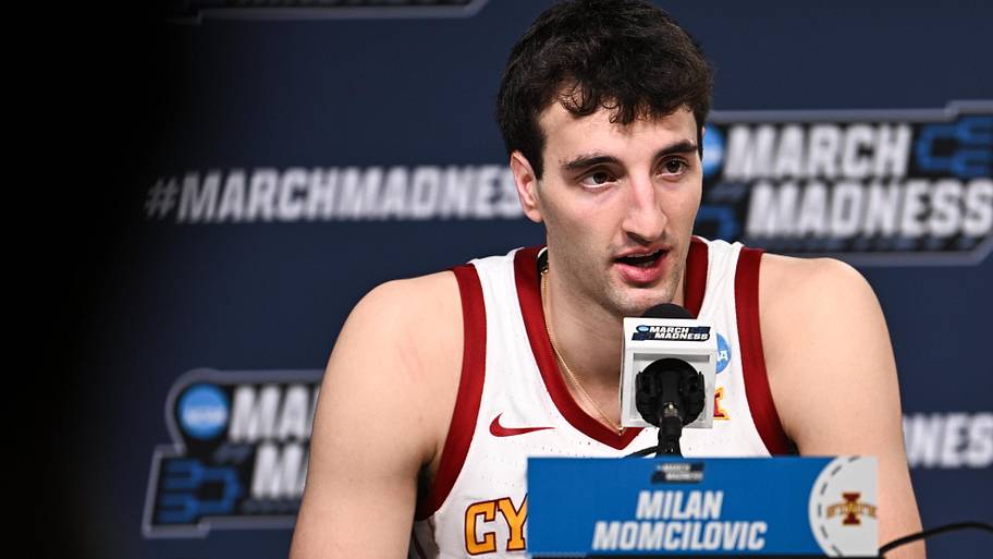 Iowa State Cyclones forward Milan Momcilovic (22) speaks during the postgame press conference.
