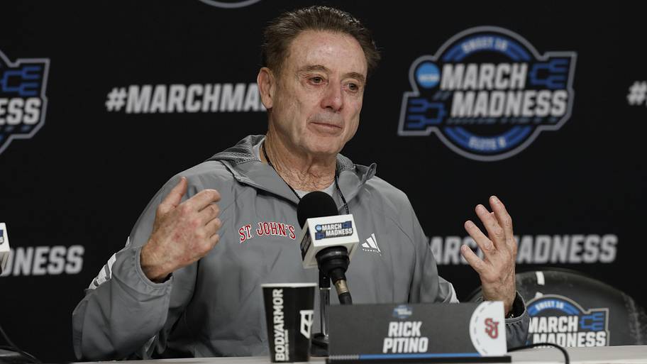 St. John's Red Storm head coach Rick Pitino speaks with the media during a press conference.