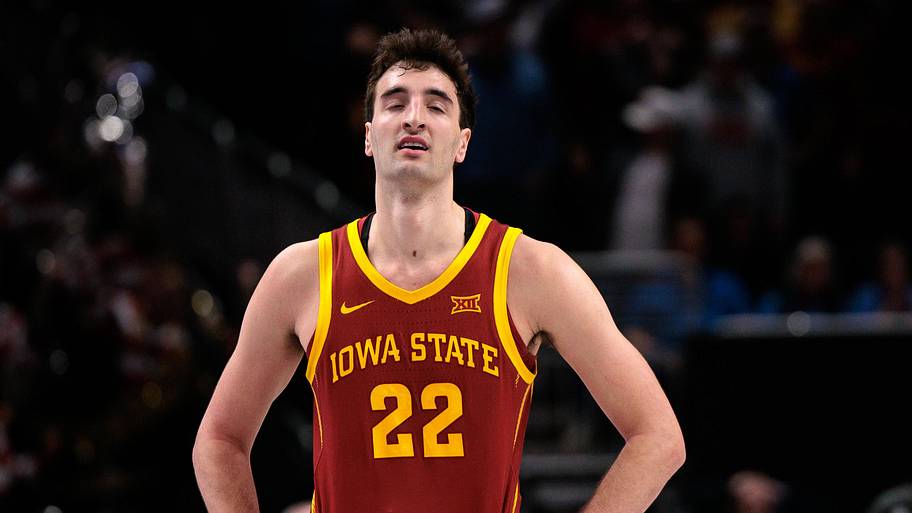 Mar 13, 2026; Kansas City, MO, USA; Iowa State Cyclones forward Milan Momcilovic (22) reacts at the end of the game against t