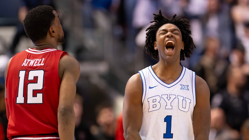 BYU Cougars guard Robert Wright III (1) screams after being fouled with seconds left in the game with the Texas Tech Red Raiders at the Marriott Center in Provo, on Saturday, March 7, 2026. BYU won 82-76.