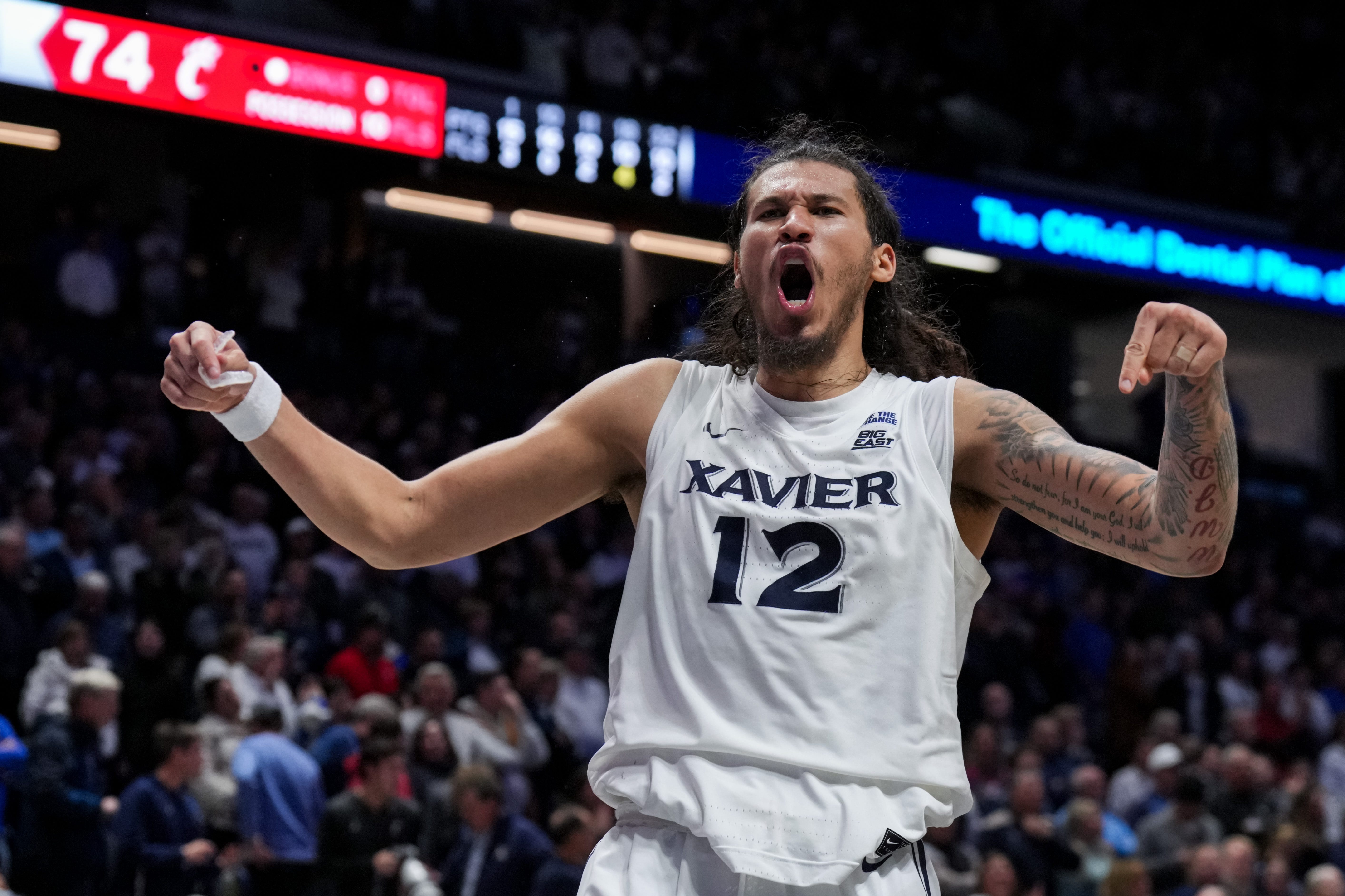 Tre Carroll scored 30 points for Xavier against the Cincinnati Bearcats in the 2025 Skyline Chili Crosstown Shootout at Cintas Center.