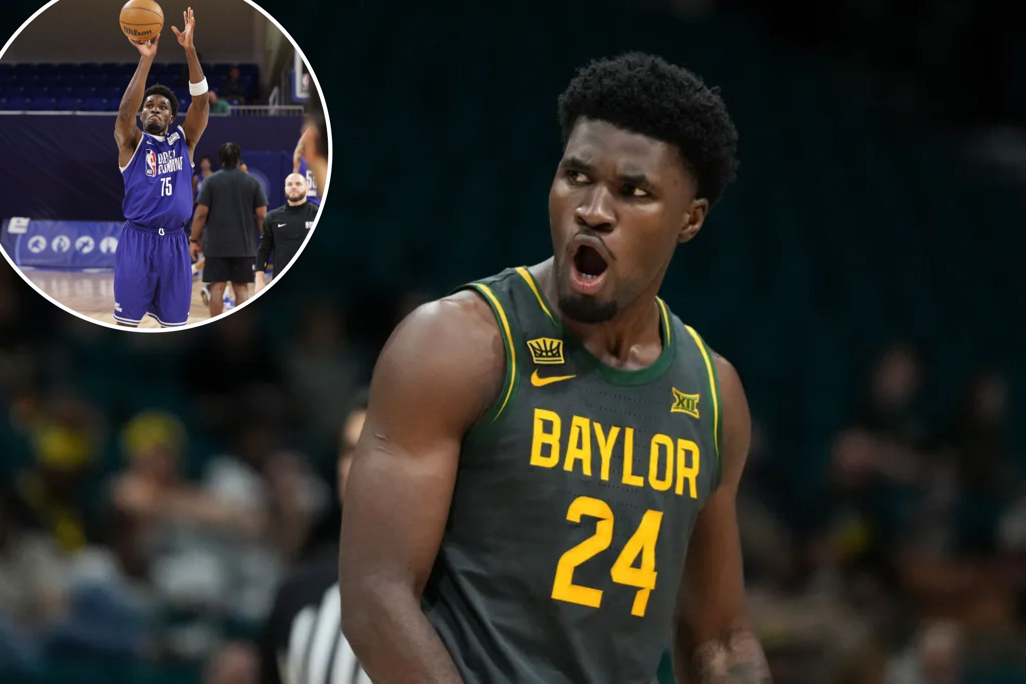 An image collage containing 2 images, Image 1 shows Tounde Yessoufou #24 of the Baylor Bears reacts to a call in the second half against the Minnesota Golden Gophers in a first round game of the College Basketball Crown tournament at MGM Grand Garden Arena on April 01, 2026 in Las Vegas, Nevada, Image 2 shows Tounde Yessoufou shoots the ball during the 2026 NBA Draft Combine on May 11, 2026 at Wintrust Arena in Chicago, Illinois