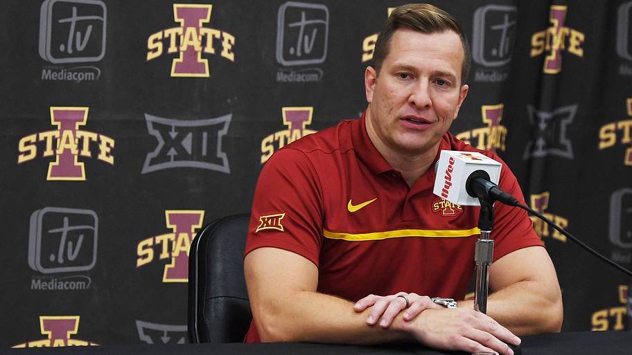 Iowa State University men's basketball head coach T.J. Otzelberger talks to media.