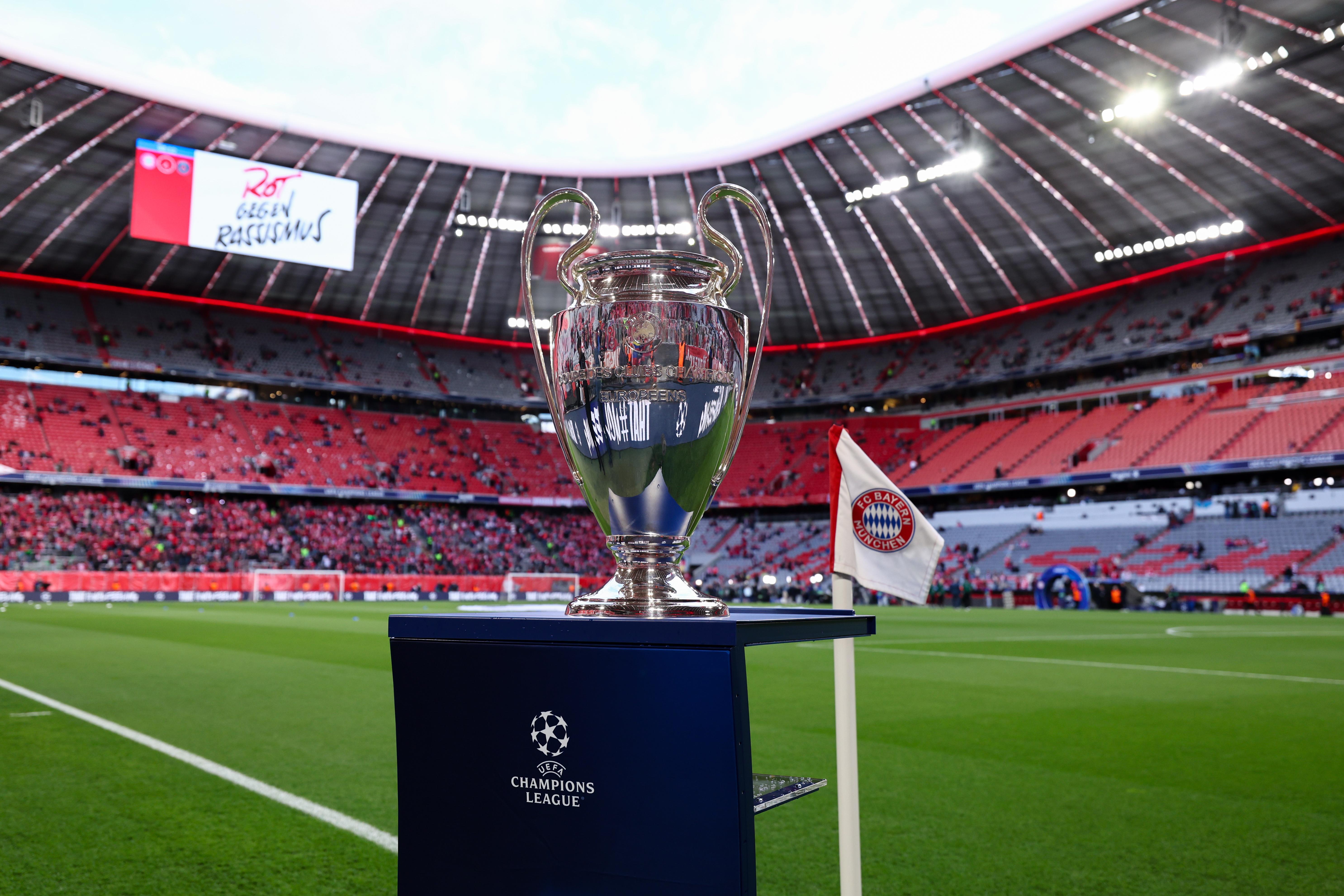 MUNICH, GERMANY - MAY 6: A detailed view of the UEFA Champions League trophy is seen prior to the UEFA Champions League 2025/26 Semi Final Second Leg match between FC Bayern Munchen and Paris Saint-Germain at Football Arena Munich on May 6, 2026 in Munich, Germany. 