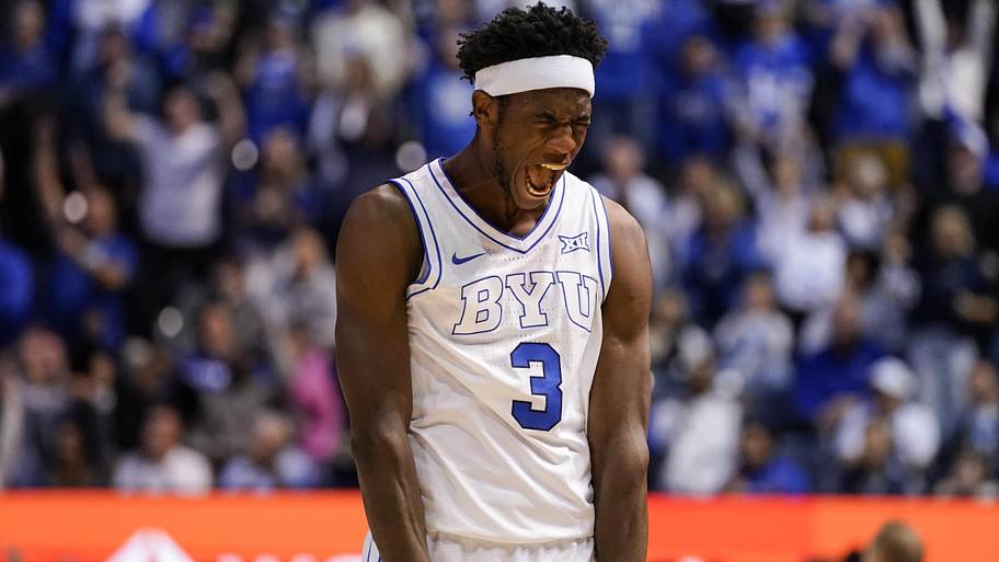 BYU Cougars forward AJ Dybantsa (3) reacts during the second half against the Iowa State Cyclones.