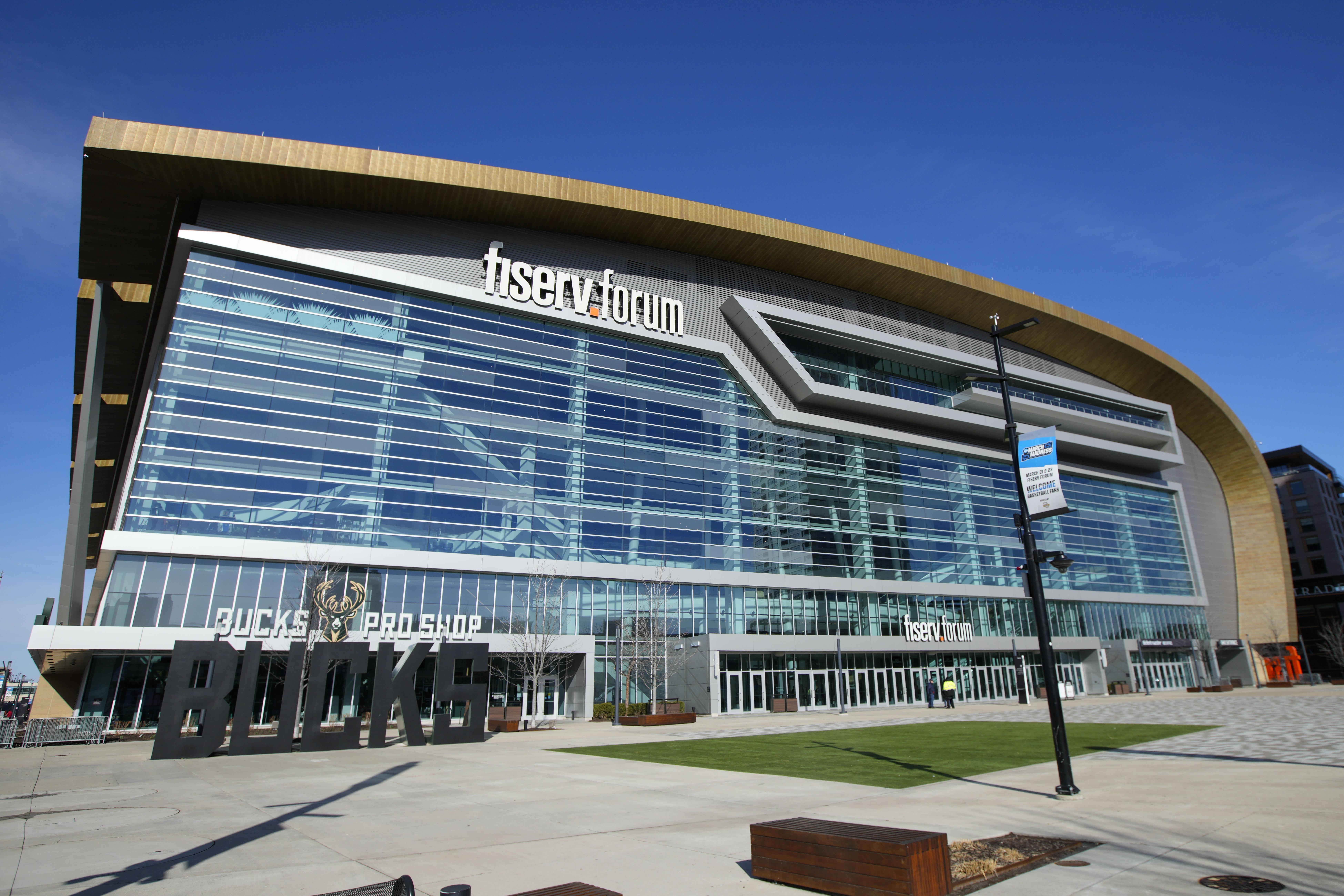 Mar 20, 2025; Milwaukee, WI, USA; General view of the exterior of the Fiserv Forum prior to NCAA Tournament First Round Practice.