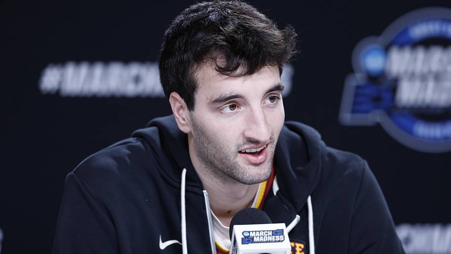 Iowa State Cyclones forward Milan Momcilovic (22) speaks ahead of the Midwest regional.