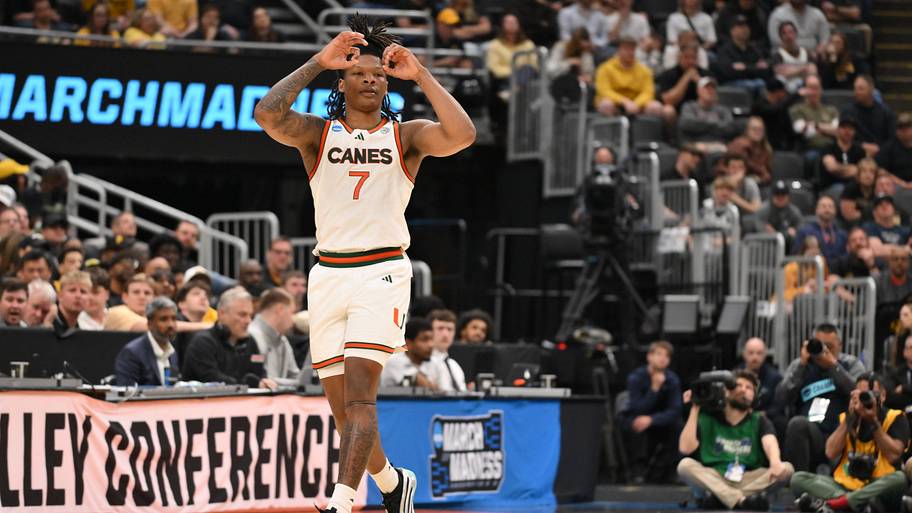 Mar 20, 2026; St. Louis, MO, USA; Miami (FL) Hurricanes forward Shelton Henderson (7) reacts after a three point shot play du