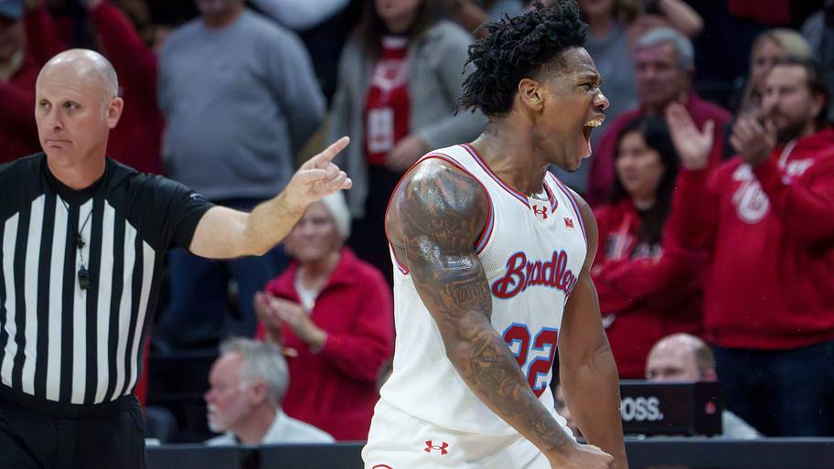 Bradley's Jaquan Johnson celebrates a Belmont turnover.