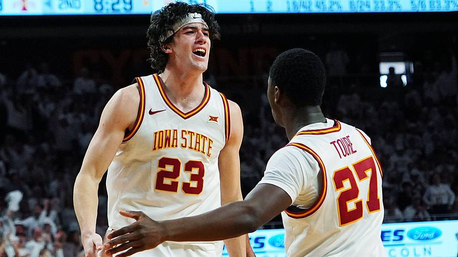 Iowa State Cyclones forward Blake Buchanan (23) celebrates with guard Killyan Toure (27).